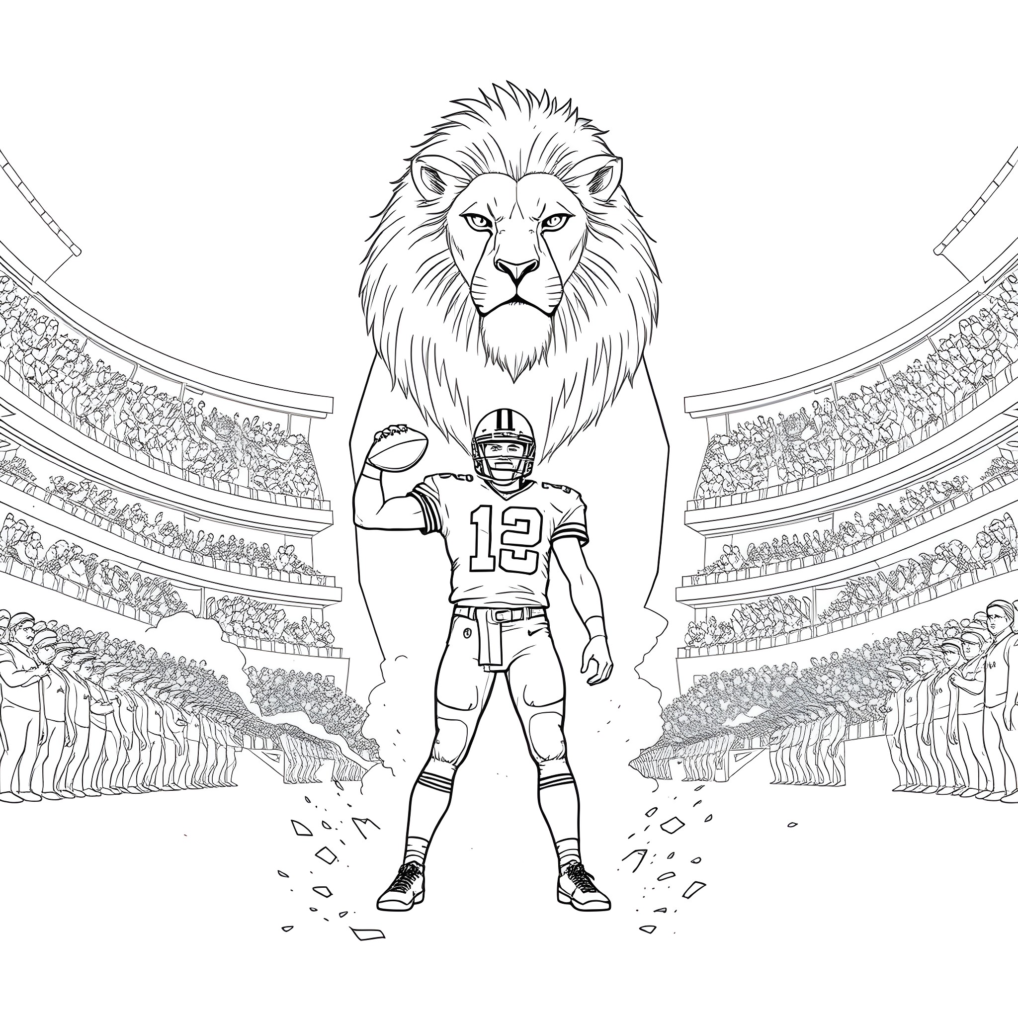 Patrick Mahomes playing football in the lion's den Coloring Page (free black-and-white line drawing printable PDF for all, from beginners to advanced learners, including children, teens, adults, and seniors)