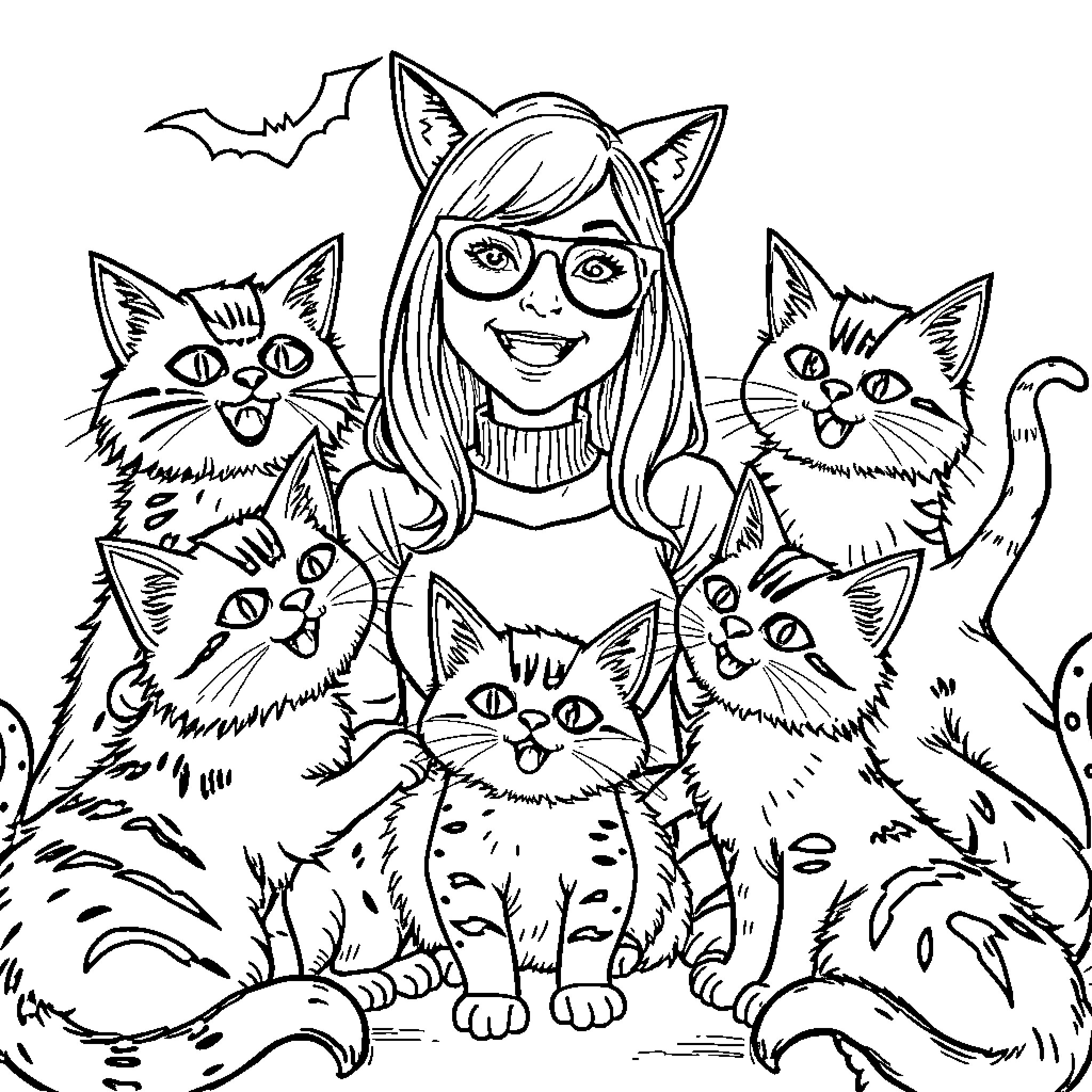 Cat lady surrounded by playful kittens Coloring Page (free black-and-white line drawing printable PDF for all, from beginners to advanced learners, including children, teens, adults, and seniors)