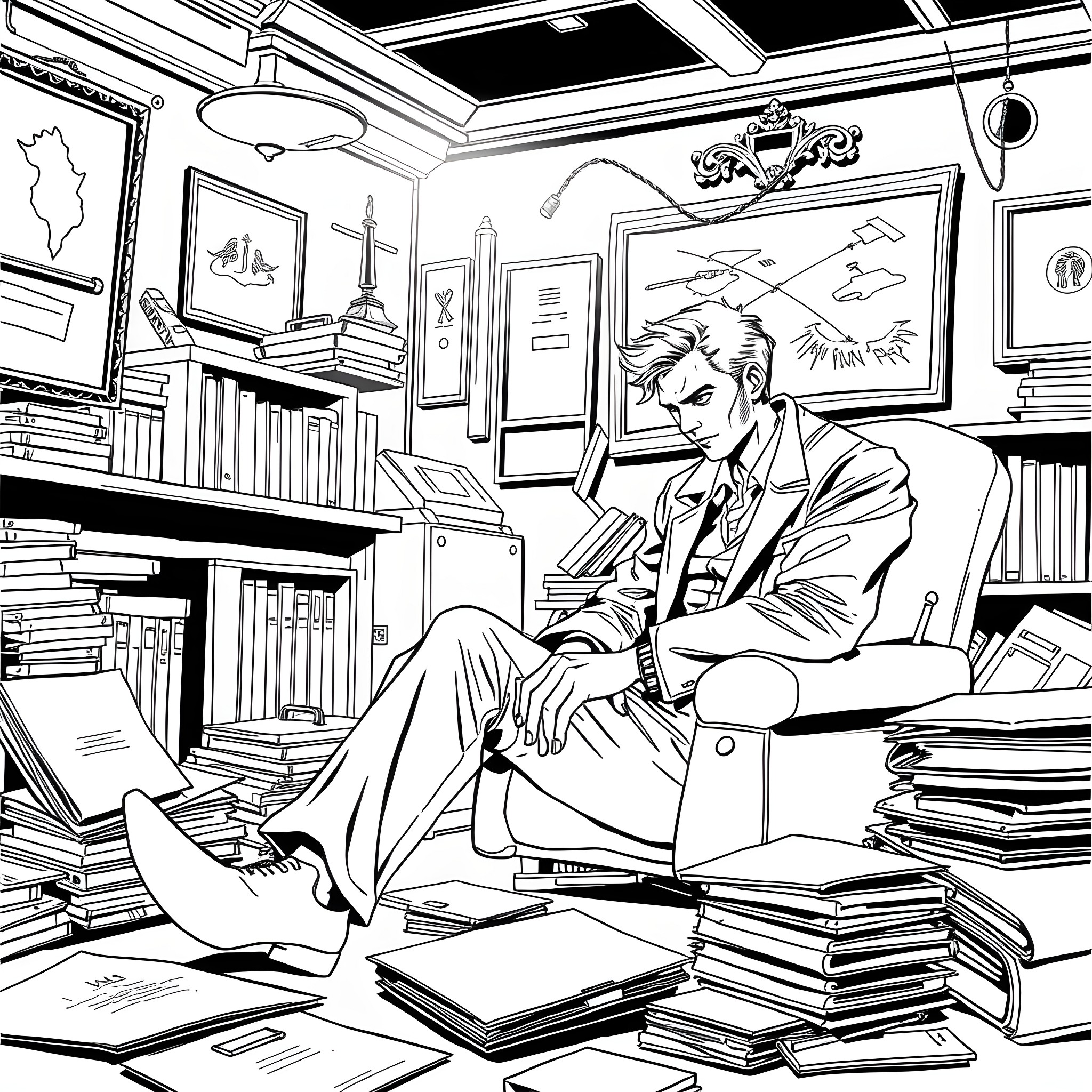 Lively Literary Lair: A Man Engrossed in Books Coloring Page (free black-and-white line drawing printable PDF for all, from beginners to advanced learners, including children, teens, adults, and seniors)