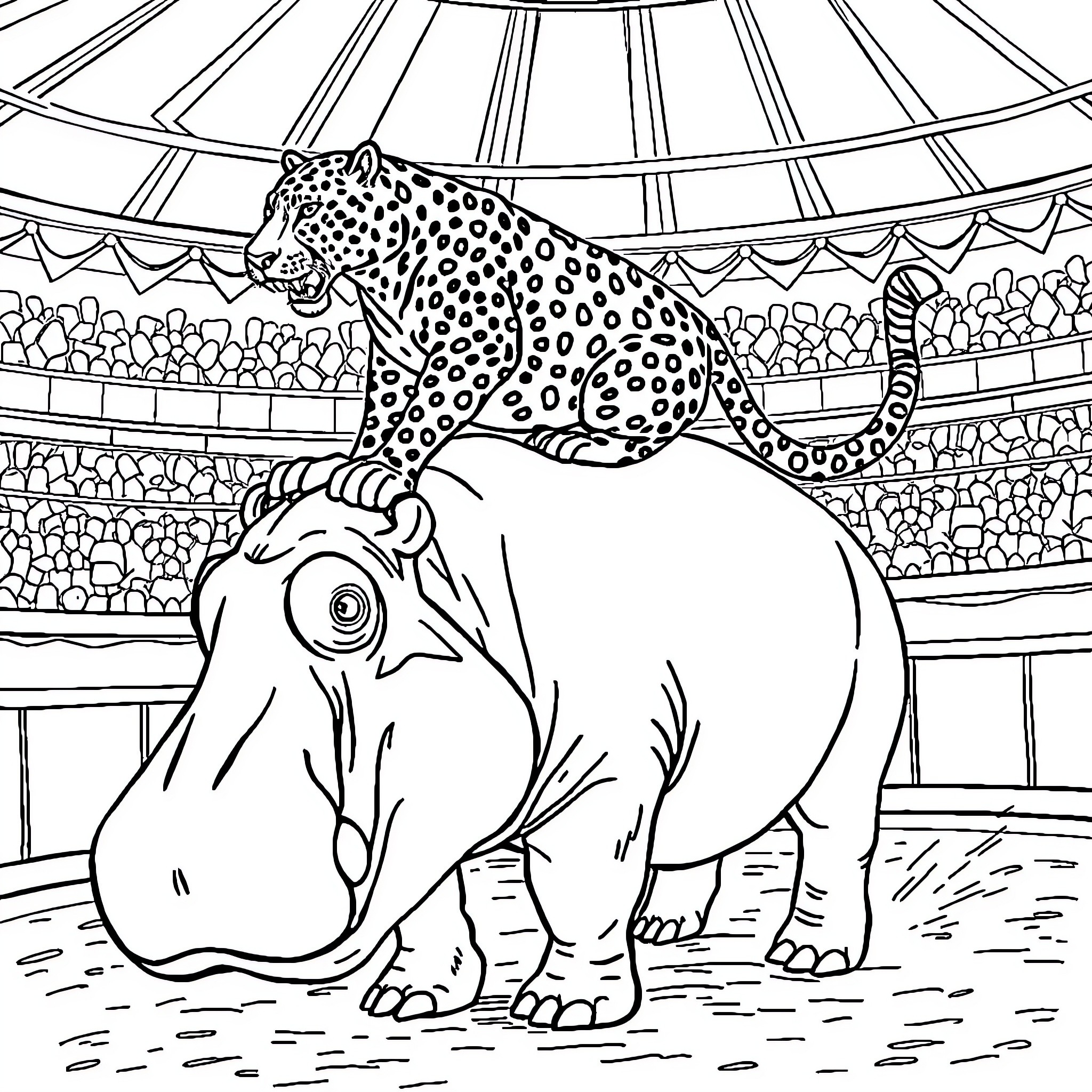 Jaguar and Hippopotamus in Circus Arena Coloring Page (free black-and-white line drawing printable PDF for all, from beginners to advanced learners, including children, teens, adults, and seniors)