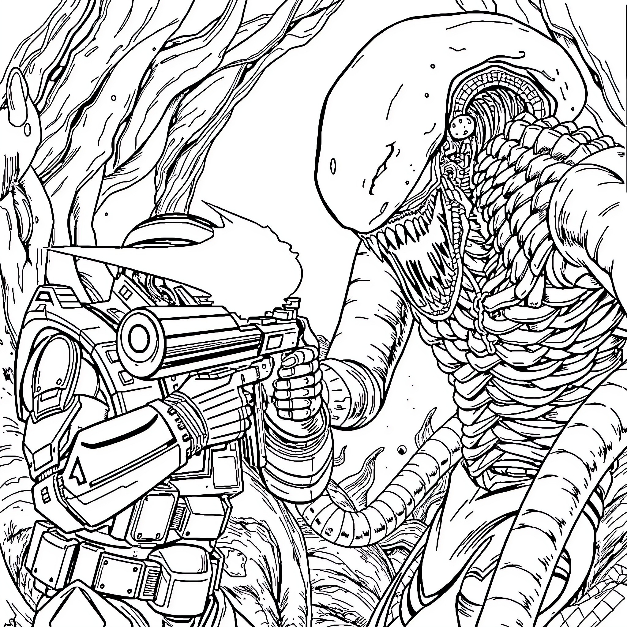 Master Chief Confronting an Alien Creature Coloring Page (free black-and-white line drawing printable PDF for all, from beginners to advanced learners, including children, teens, adults, and seniors)