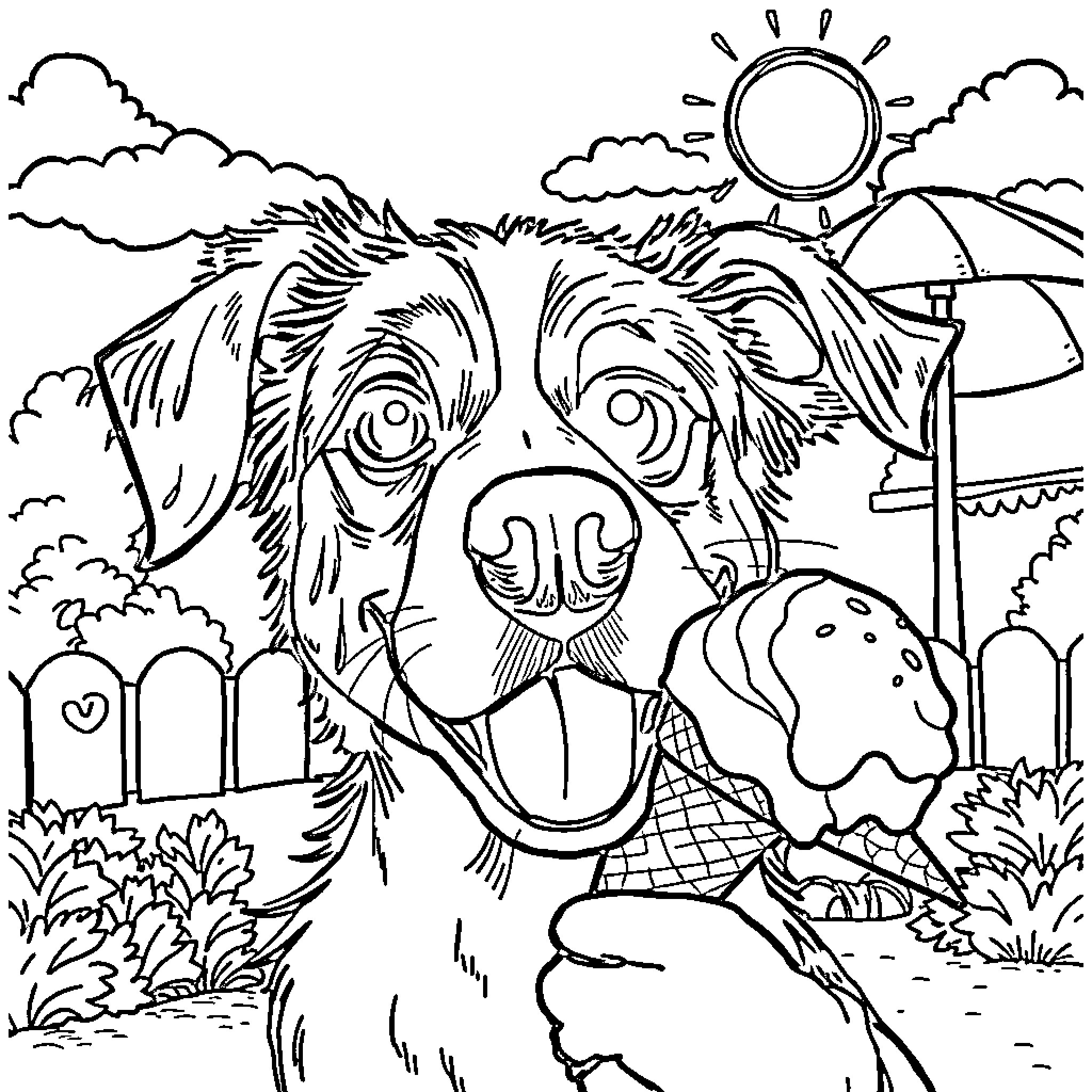 Dog enjoying the outdoors on a sunny day Coloring Page (free black-and-white line drawing printable PDF for all, from beginners to advanced learners, including children, teens, adults, and seniors)
