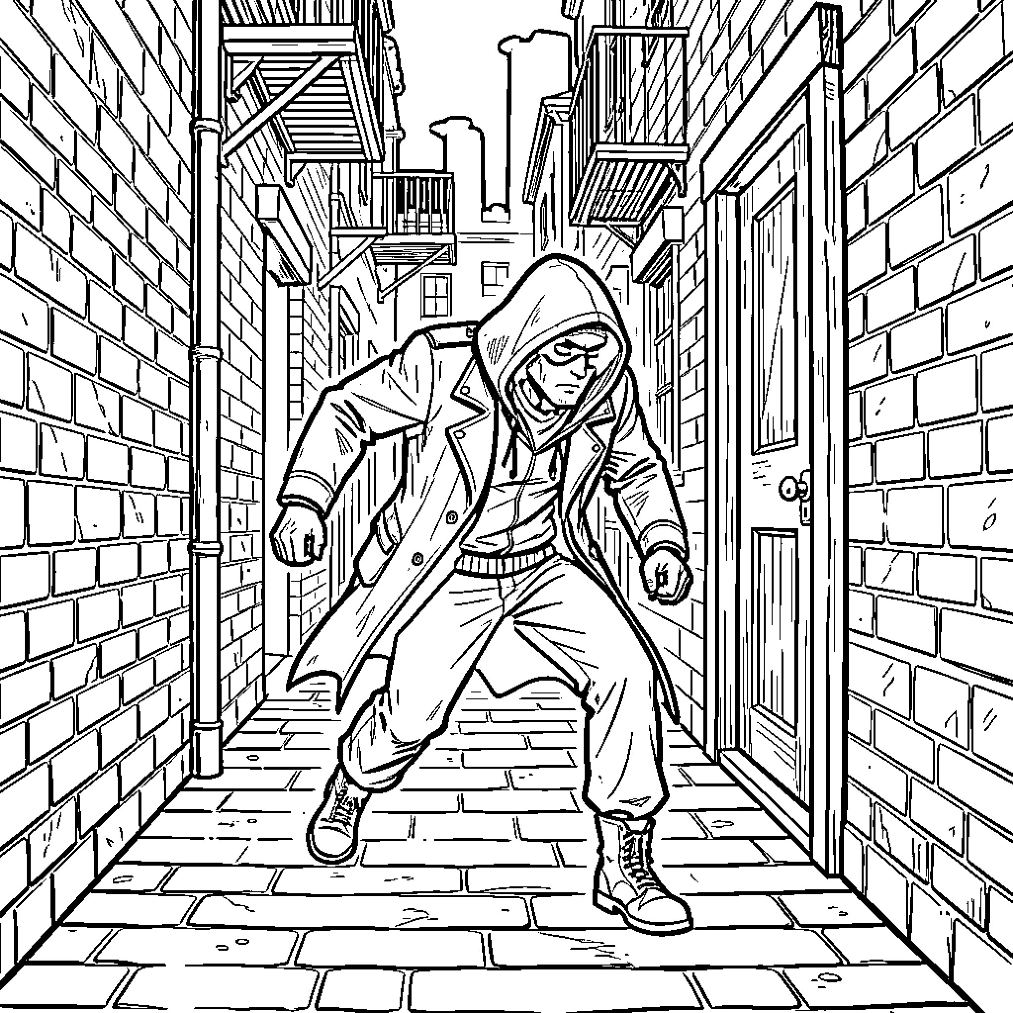 Thief sneaking through the dark alley Coloring Page (free black-and-white line drawing printable PDF for all, from beginners to advanced learners, including children, teens, adults, and seniors)