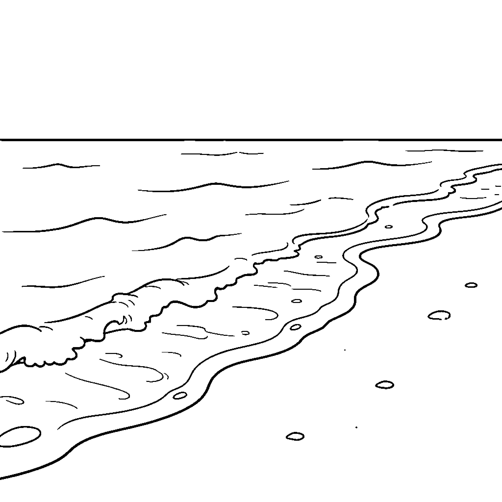 Beach with Waves and Shoreline Coloring Page (free black-and-white line drawing printable PDF for all, from beginners to advanced learners, including children, teens, adults, and seniors)