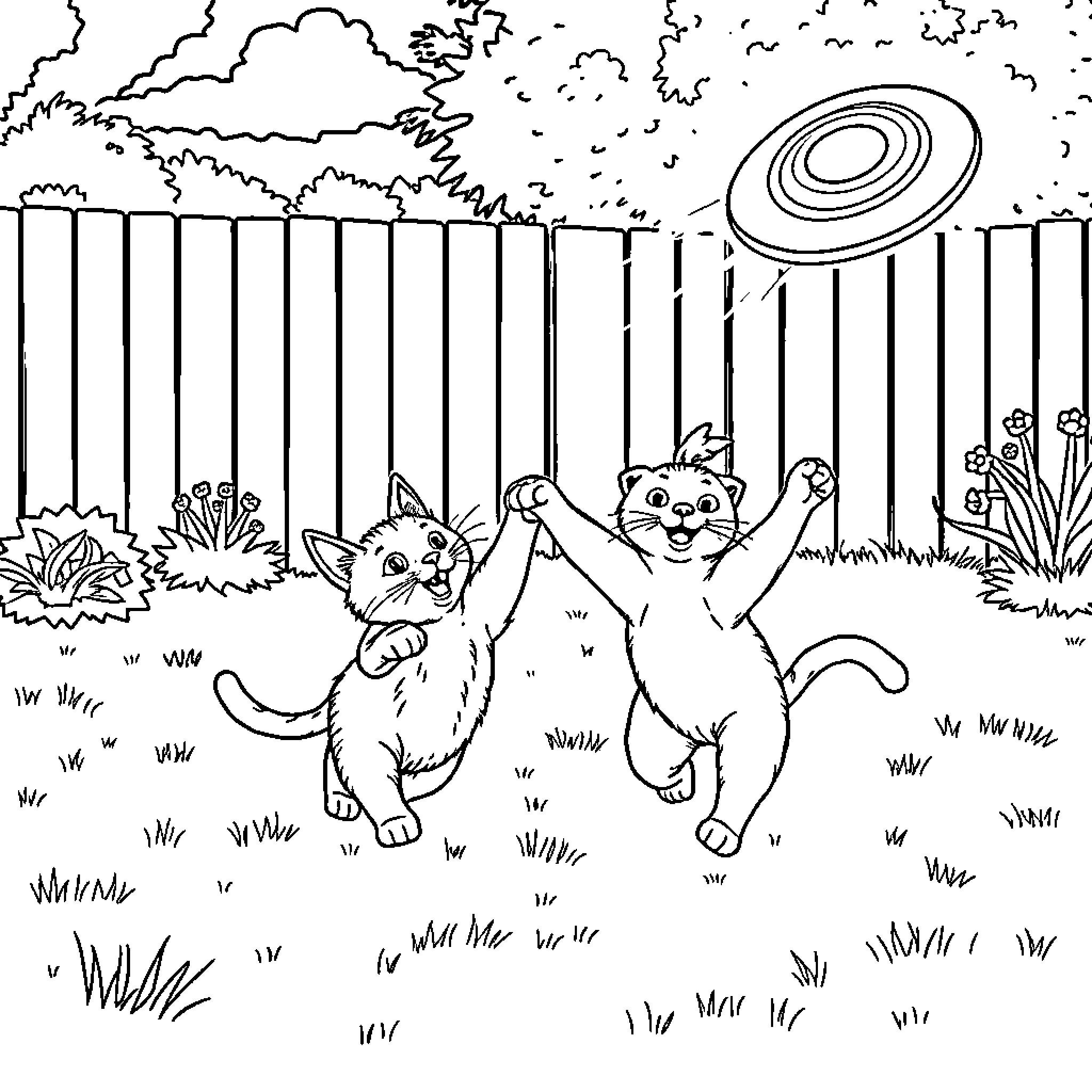 Cat playtime in the backyard Coloring Page (free black-and-white line drawing printable PDF for all, from beginners to advanced learners, including children, teens, adults, and seniors)