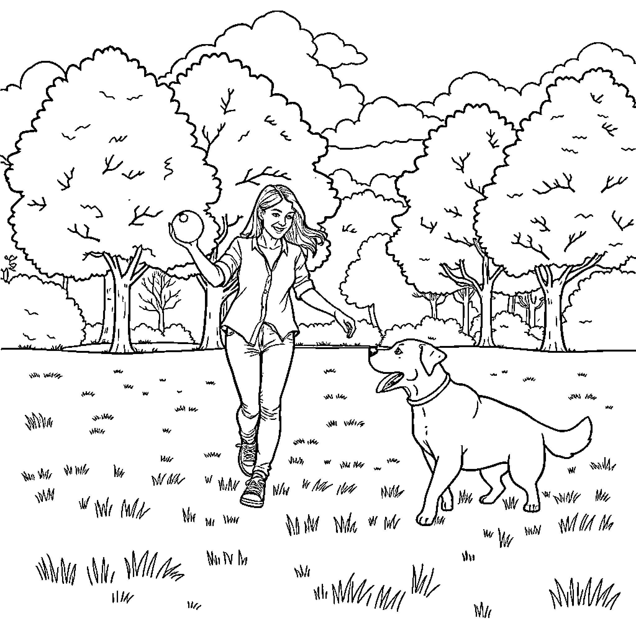 Lady walking her dog in the woods Coloring Page (free black-and-white line drawing printable PDF for all, from beginners to advanced learners, including children, teens, adults, and seniors)