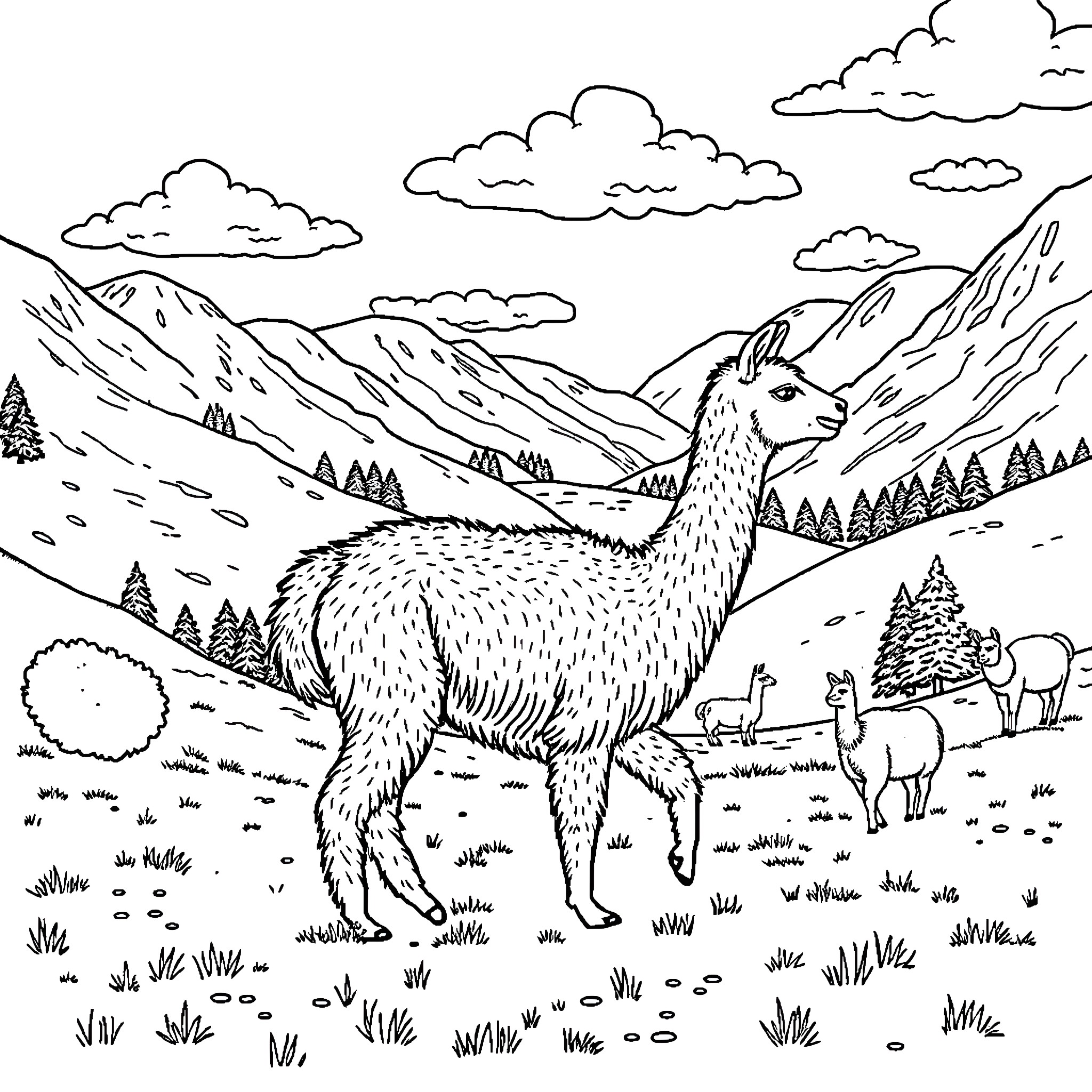 Alpaca enjoying the scenic mountain landscape Coloring Page (free black-and-white line drawing printable PDF for all, from beginners to advanced learners, including children, teens, adults, and seniors)