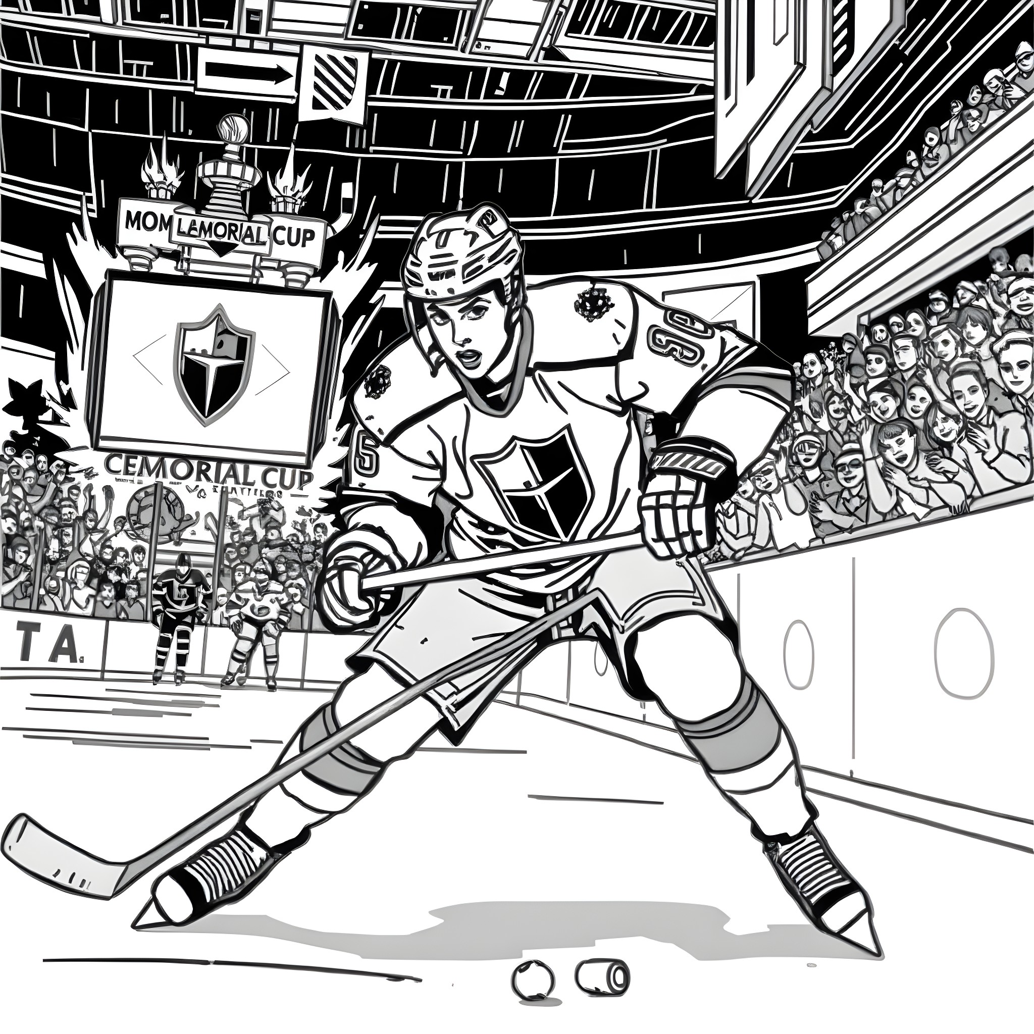 Knight battling on the ice hockey rink Coloring Page (free black-and-white line drawing printable PDF for all, from beginners to advanced learners, including children, teens, adults, and seniors)