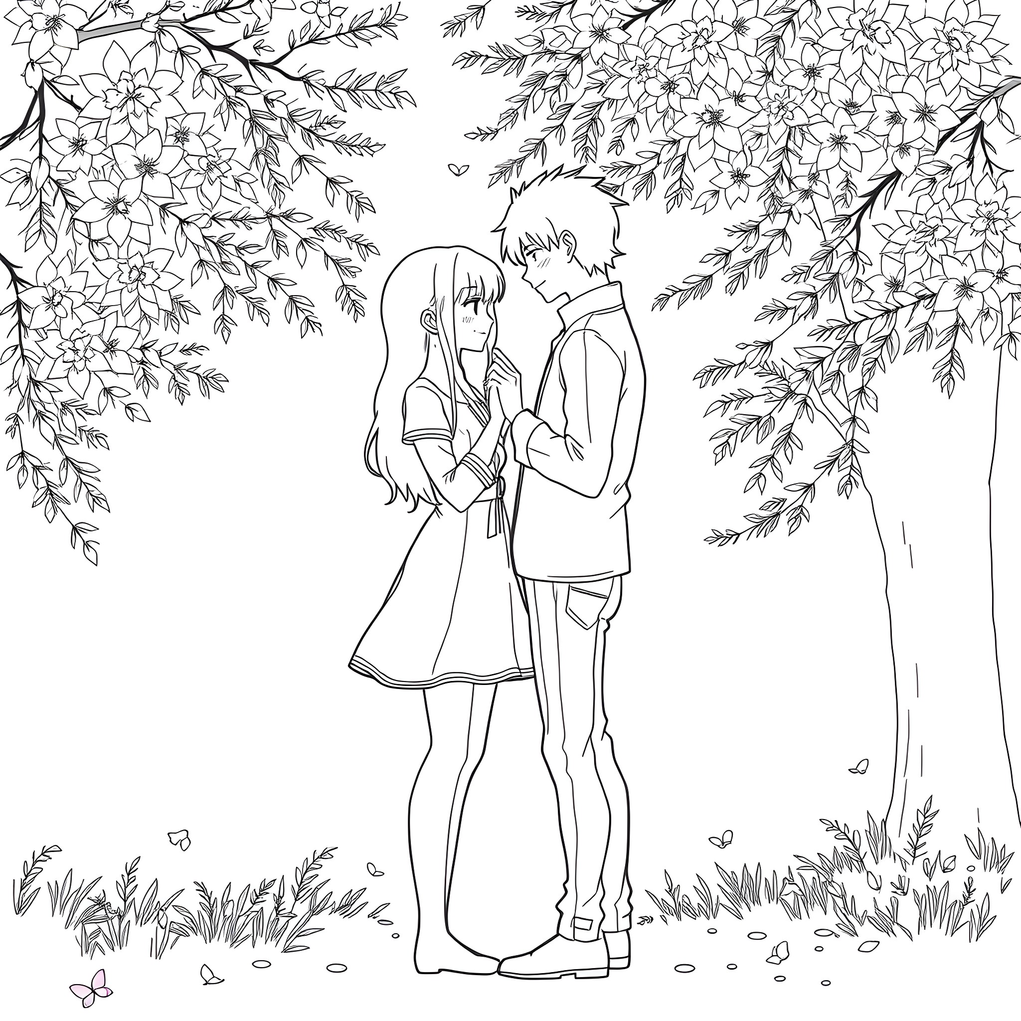 Subaru couple embracing under flowering branches Coloring Page (free black-and-white line drawing printable PDF for all, from beginners to advanced learners, including children, teens, adults, and seniors)