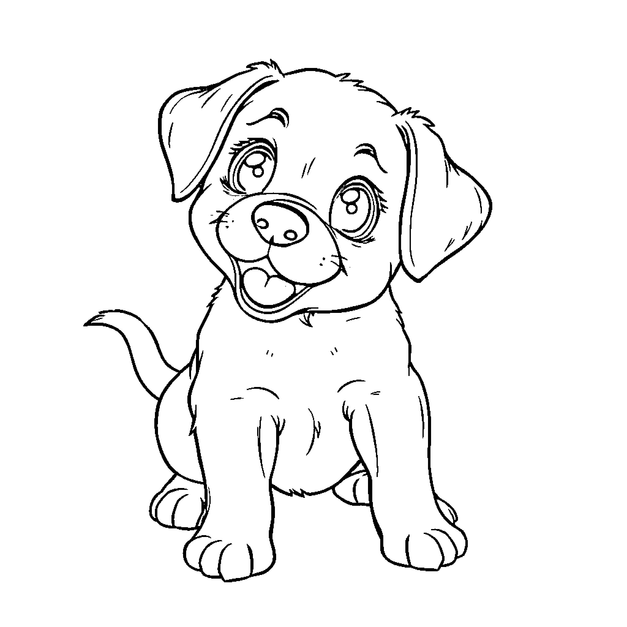Puppy sitting and looking curious Coloring Page (free black-and-white line drawing printable PDF for all, from beginners to advanced learners, including children, teens, adults, and seniors)