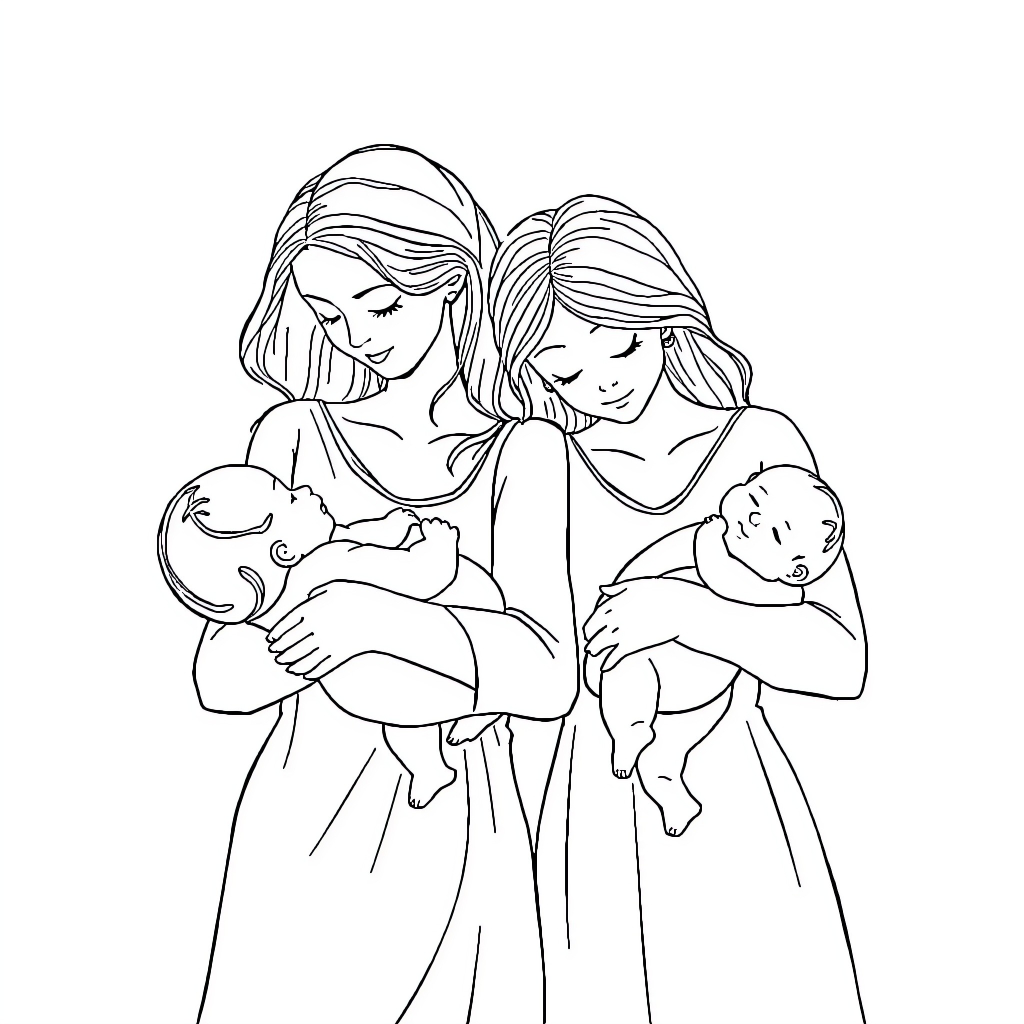 Mother and Daughter Tenderly Holding Newborns Coloring Page (free black-and-white line drawing printable PDF for all, from beginners to advanced learners, including children, teens, adults, and seniors)