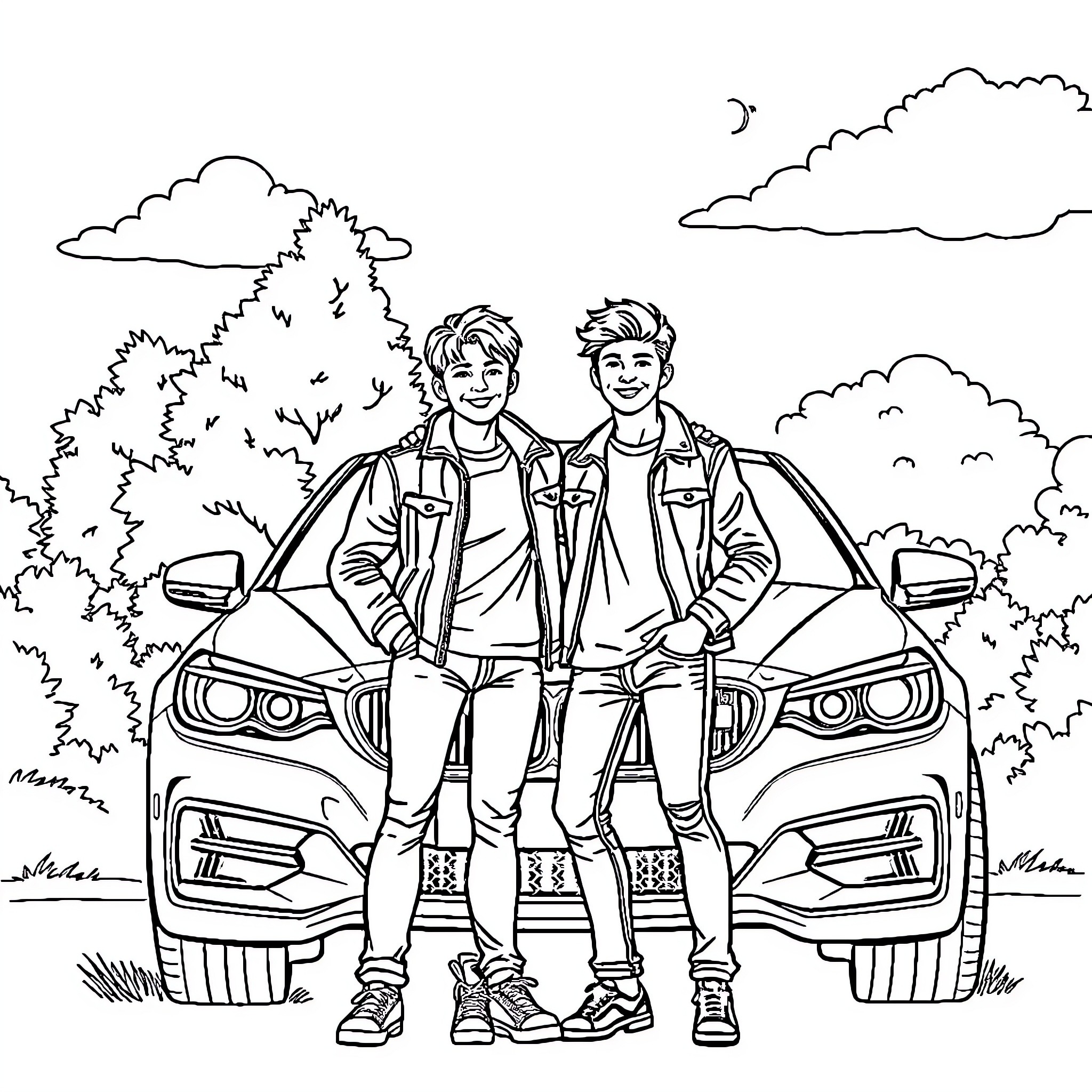 Car friends enjoy outdoor adventure together Coloring Page (free black-and-white line drawing printable PDF for all, from beginners to advanced learners, including children, teens, adults, and seniors)