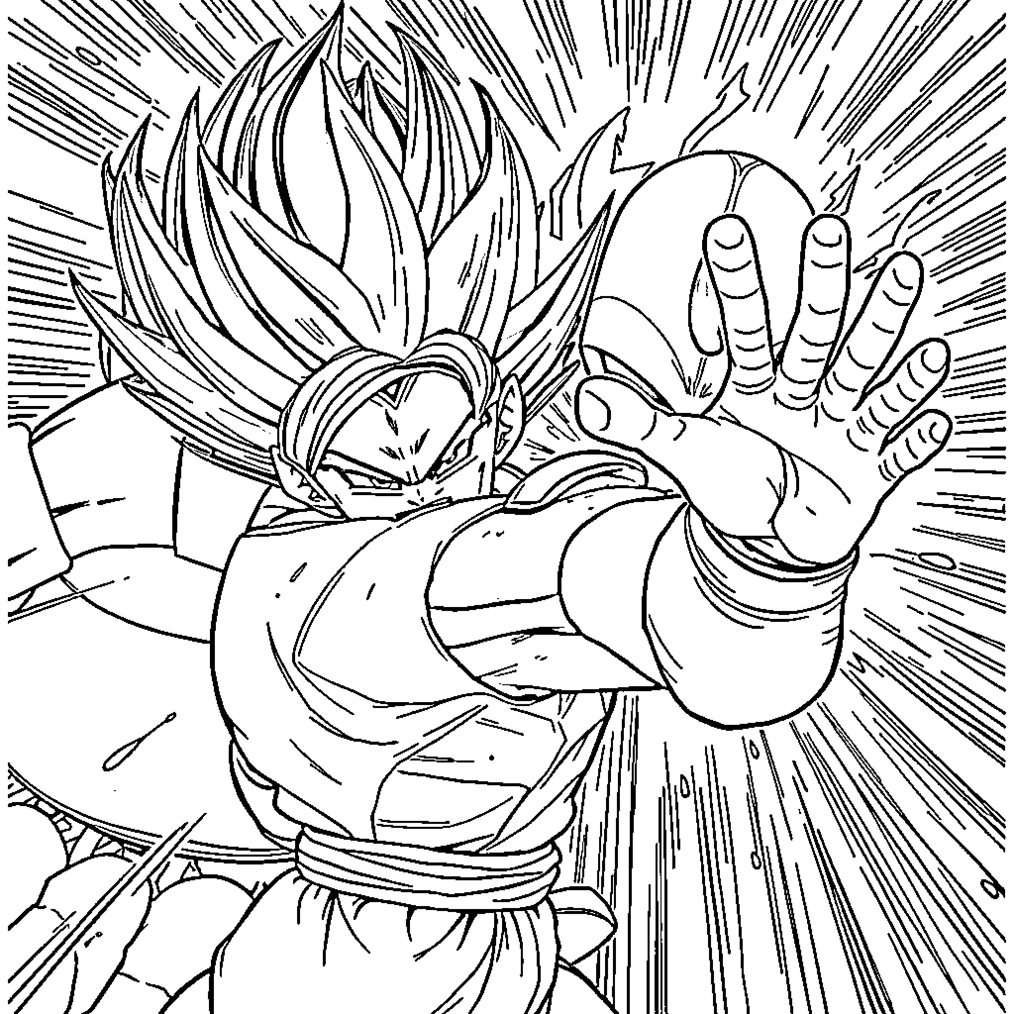 Vegeta's Powerful Energy Burst Coloring Page (free black-and-white line drawing printable PDF for all, from beginners to advanced learners, including children, teens, adults, and seniors)