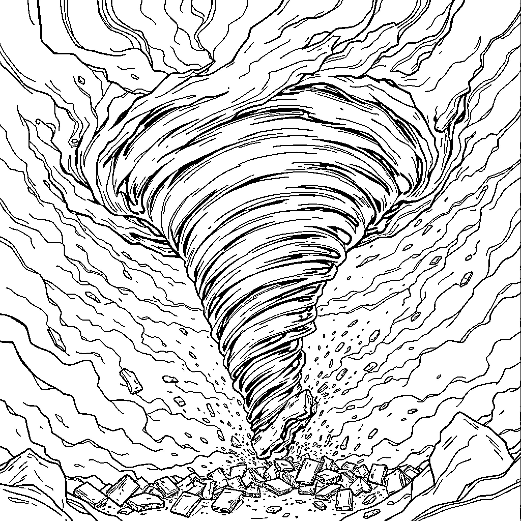 Tornado Demolishing Debris in Chaotic Swirls Coloring Page (free black-and-white line drawing printable PDF for all, from beginners to advanced learners, including children, teens, adults, and seniors)