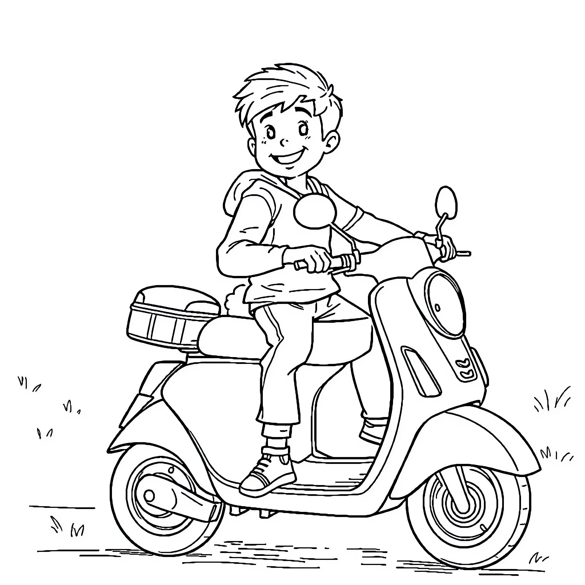 Scooter boy riding happily on a motor scooter Coloring Page (free black-and-white line drawing printable PDF for all, from beginners to advanced learners, including children, teens, adults, and seniors)