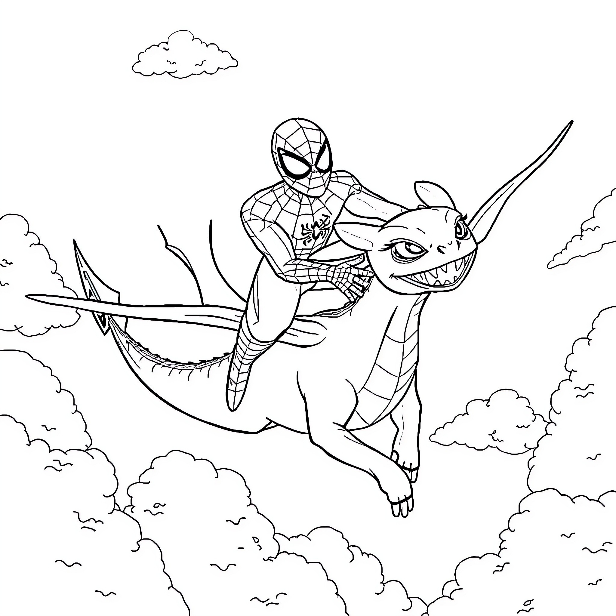 Spiderman riding a dragon in the sky Coloring Page (free black-and-white line drawing printable PDF for all, from beginners to advanced learners, including children, teens, adults, and seniors)