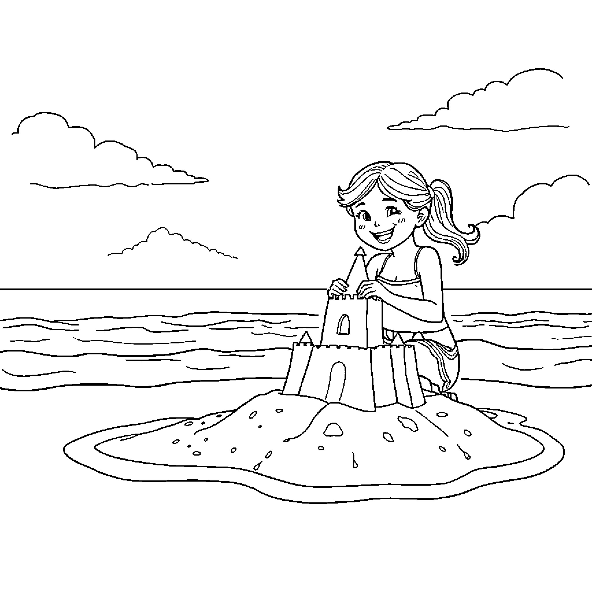 Girl building sand castle on the beach Coloring Page (free black-and-white line drawing printable PDF for all, from beginners to advanced learners, including children, teens, adults, and seniors)