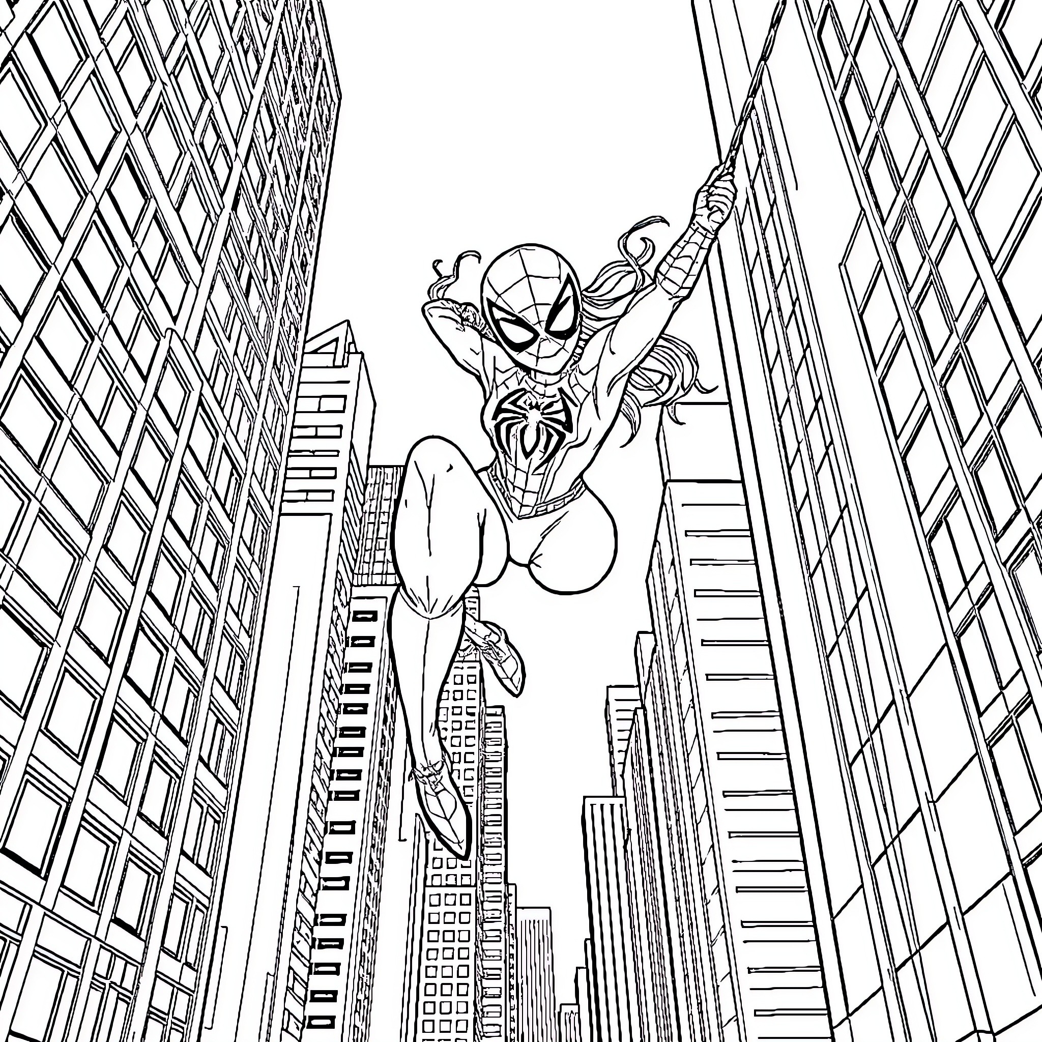 Spidergirl swinging through the city skyline Coloring Page (free black-and-white line drawing printable PDF for all, from beginners to advanced learners, including children, teens, adults, and seniors)