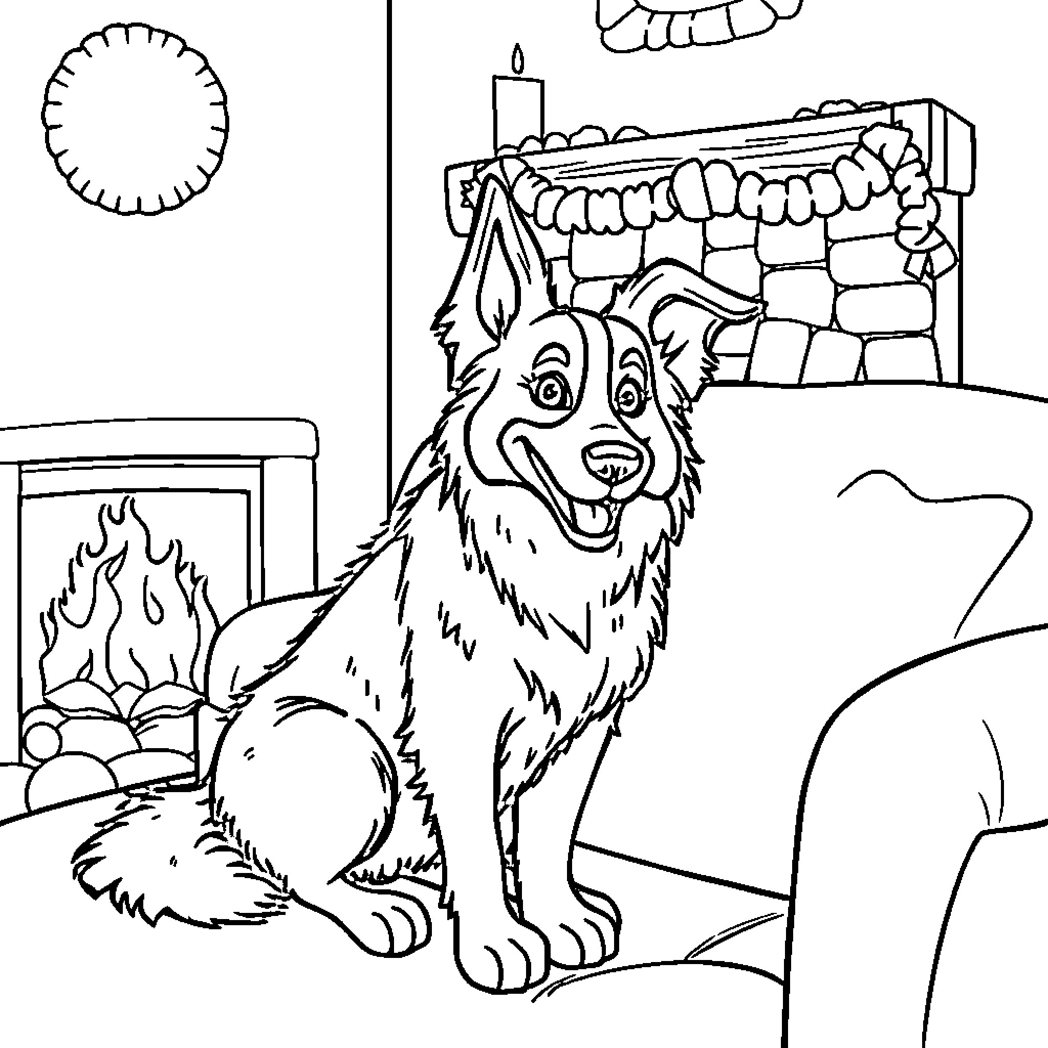 Border Collie by the Fireplace Coloring Page (free black-and-white line drawing printable PDF for all, from beginners to advanced learners, including children, teens, adults, and seniors)