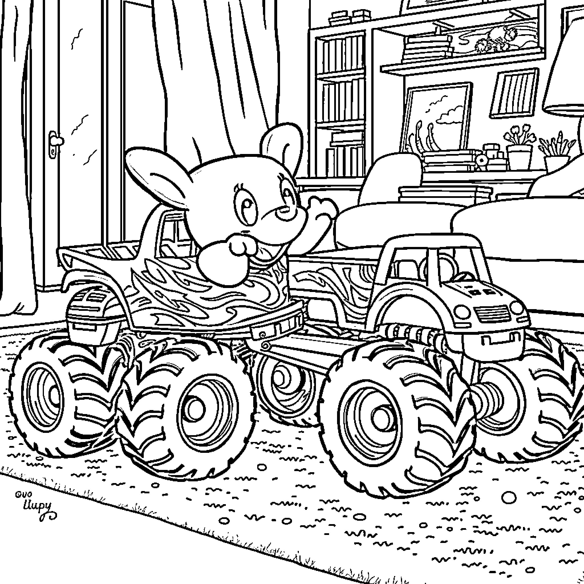 Bluey rides a monster truck in the living room Coloring Page (free black-and-white line drawing printable PDF for all, from beginners to advanced learners, including children, teens, adults, and seniors)