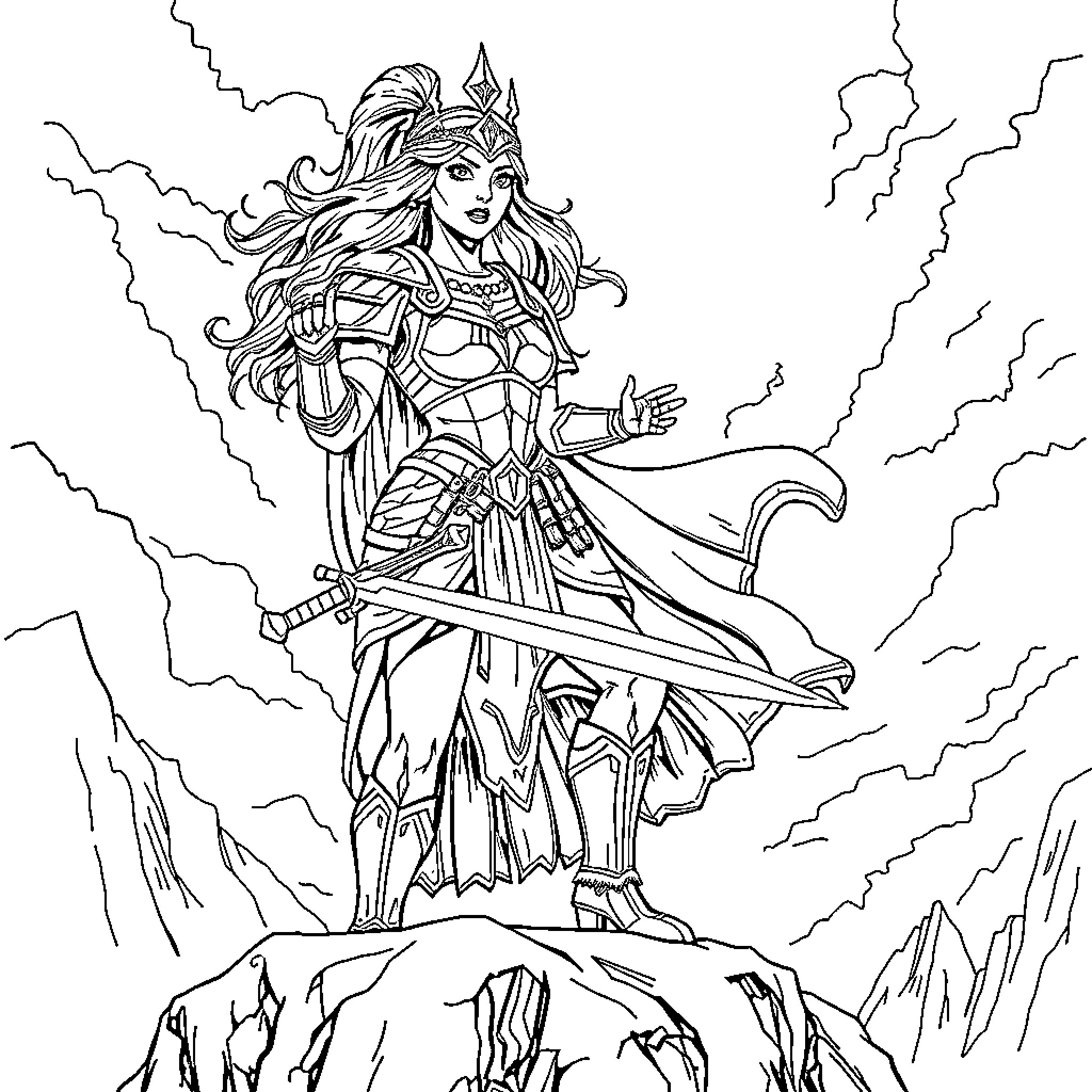 Warrior Princess in Dramatic Fantasy Landscape Coloring Page (free black-and-white line drawing printable PDF for all, from beginners to advanced learners, including children, teens, adults, and seniors)