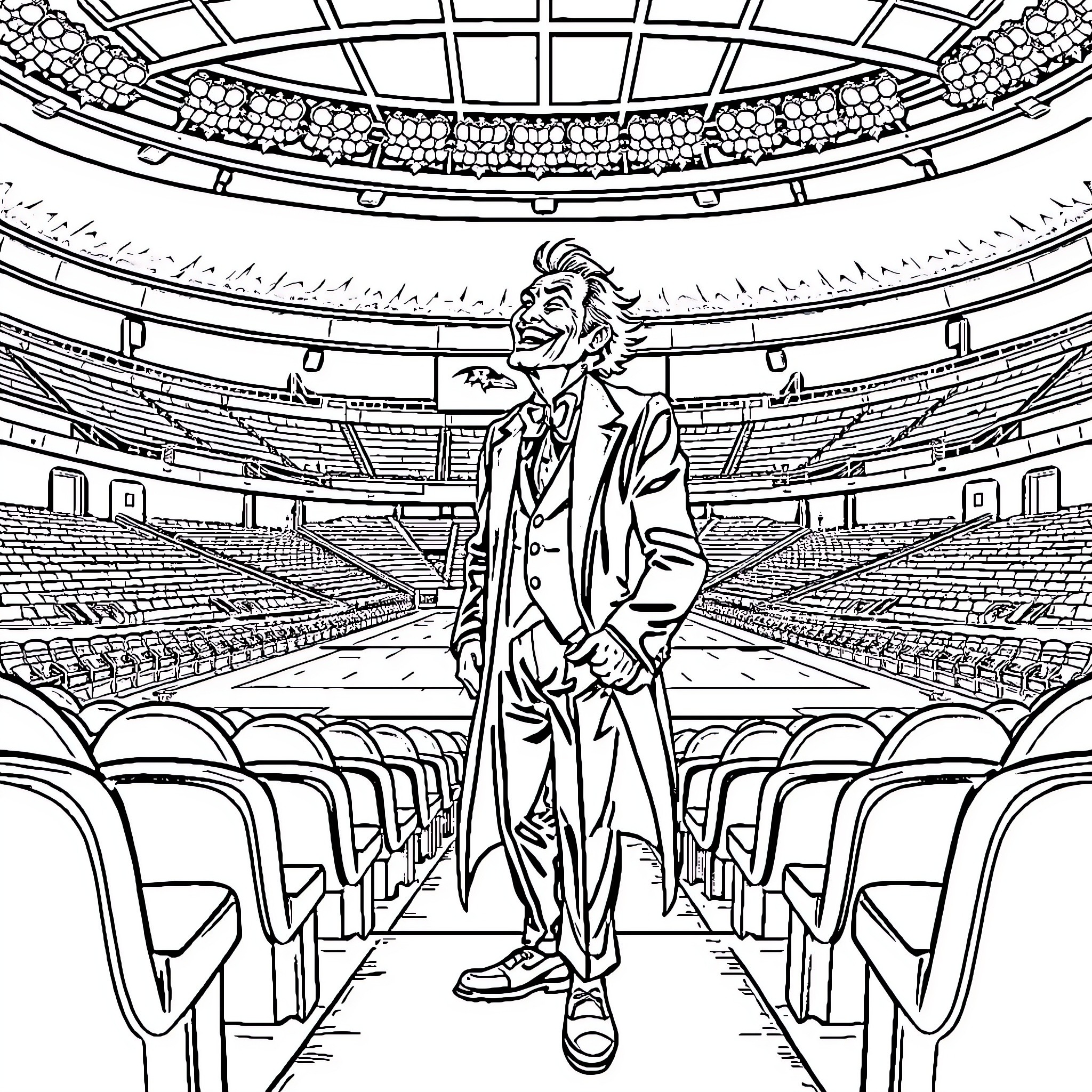 Joker standing alone in an empty theater Coloring Page (free black-and-white line drawing printable PDF for all, from beginners to advanced learners, including children, teens, adults, and seniors)