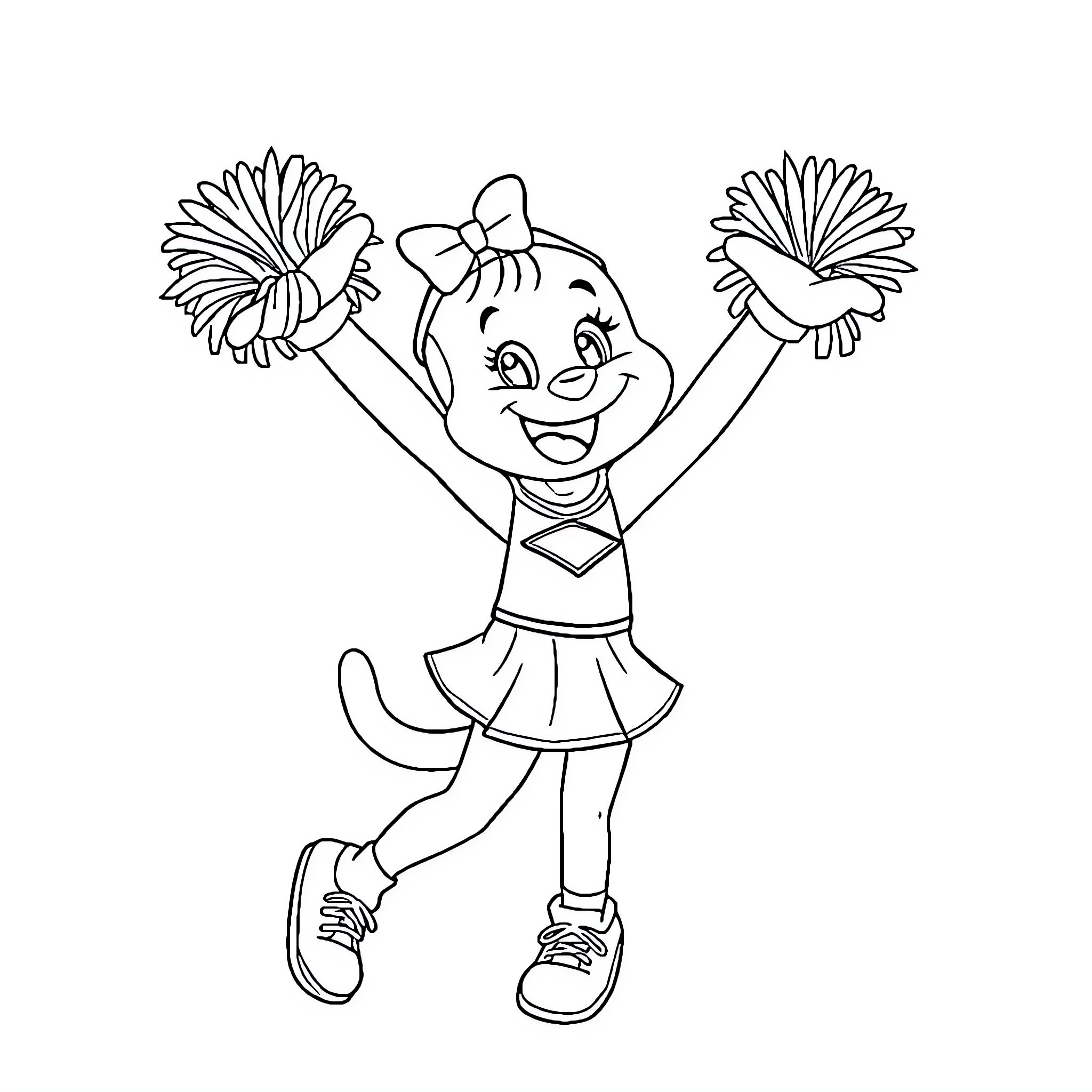 Bluey cheerfully performing as a cheerleader Coloring Page (free black-and-white line drawing printable PDF for all, from beginners to advanced learners, including children, teens, adults, and seniors)