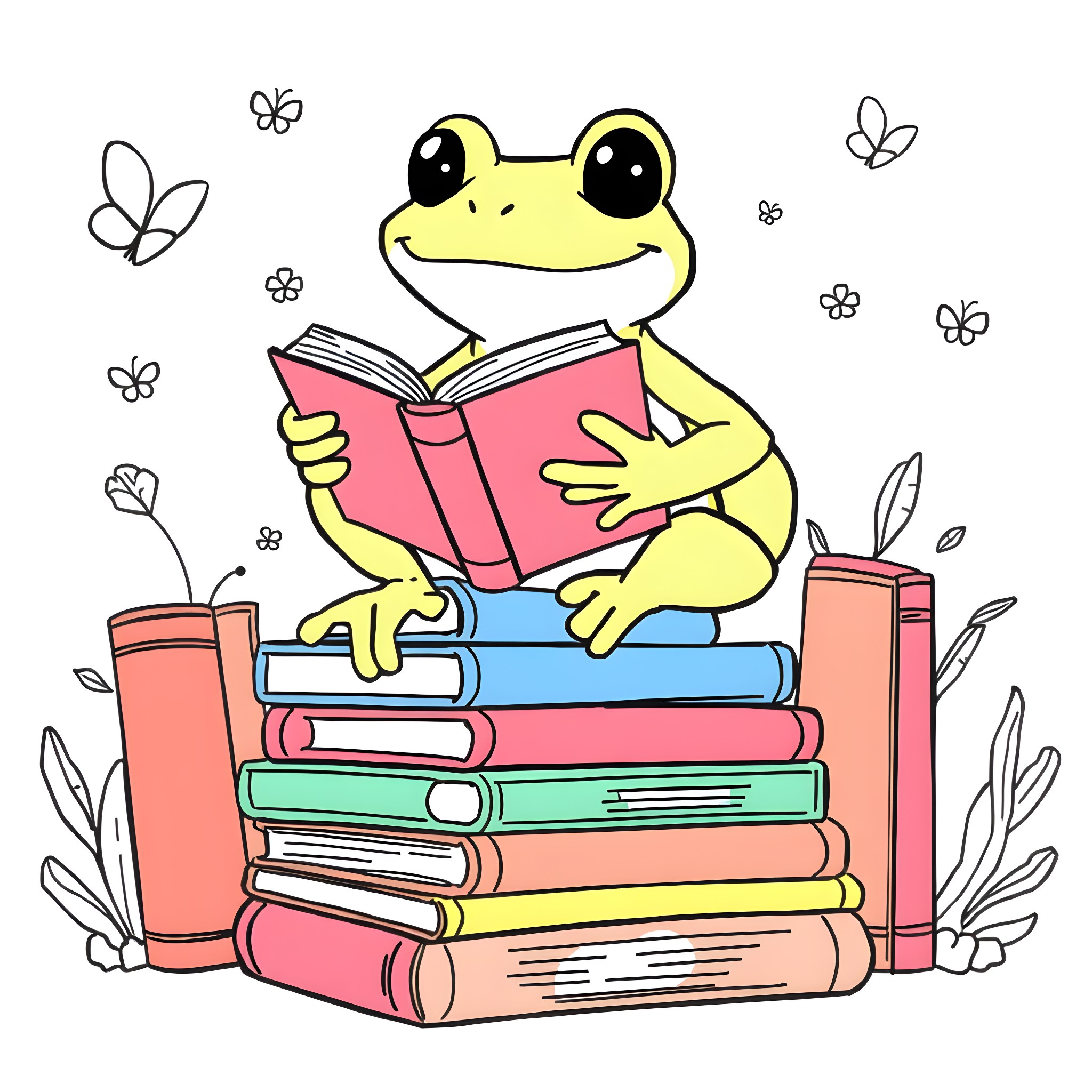 Frog reading books and surrounded by butterflies Coloring Page (free black-and-white line drawing printable PDF for all, from beginners to advanced learners, including children, teens, adults, and seniors)