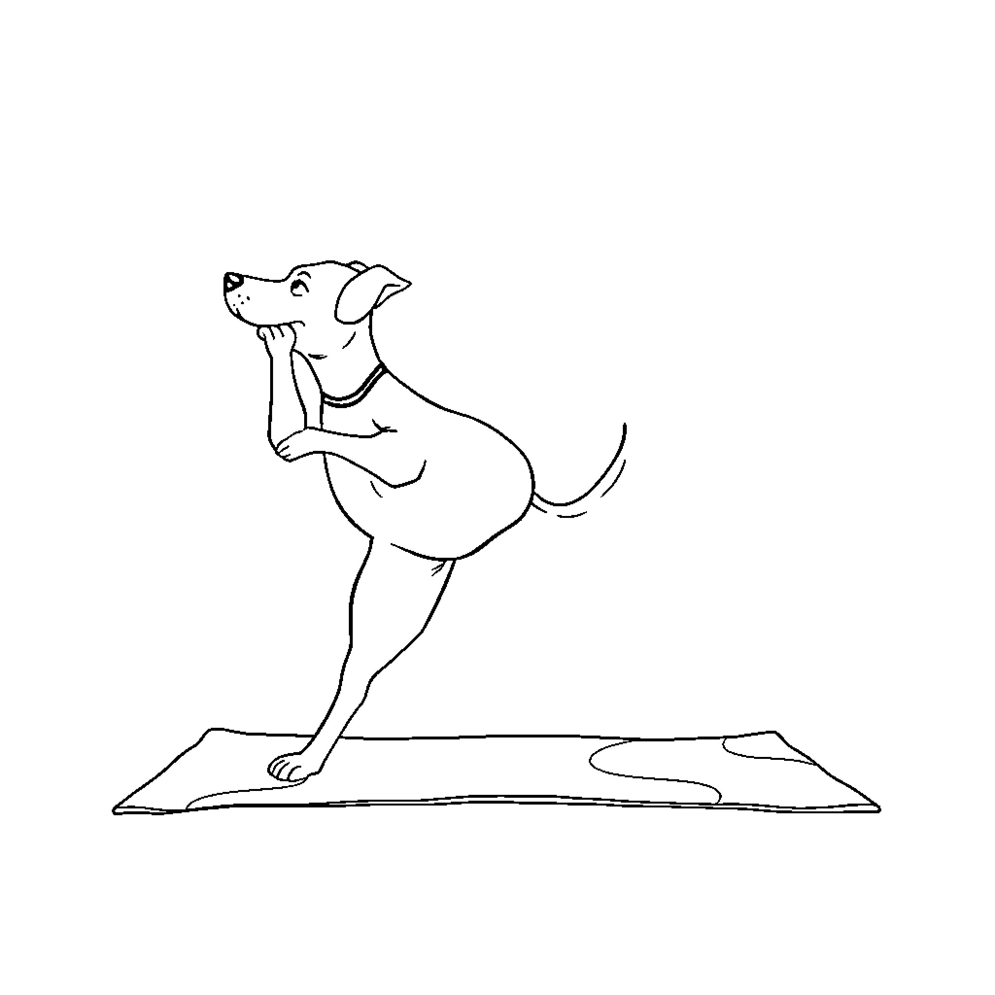 Dog stretching on yoga mat Coloring Page (free black-and-white line drawing printable PDF for all, from beginners to advanced learners, including children, teens, adults, and seniors)