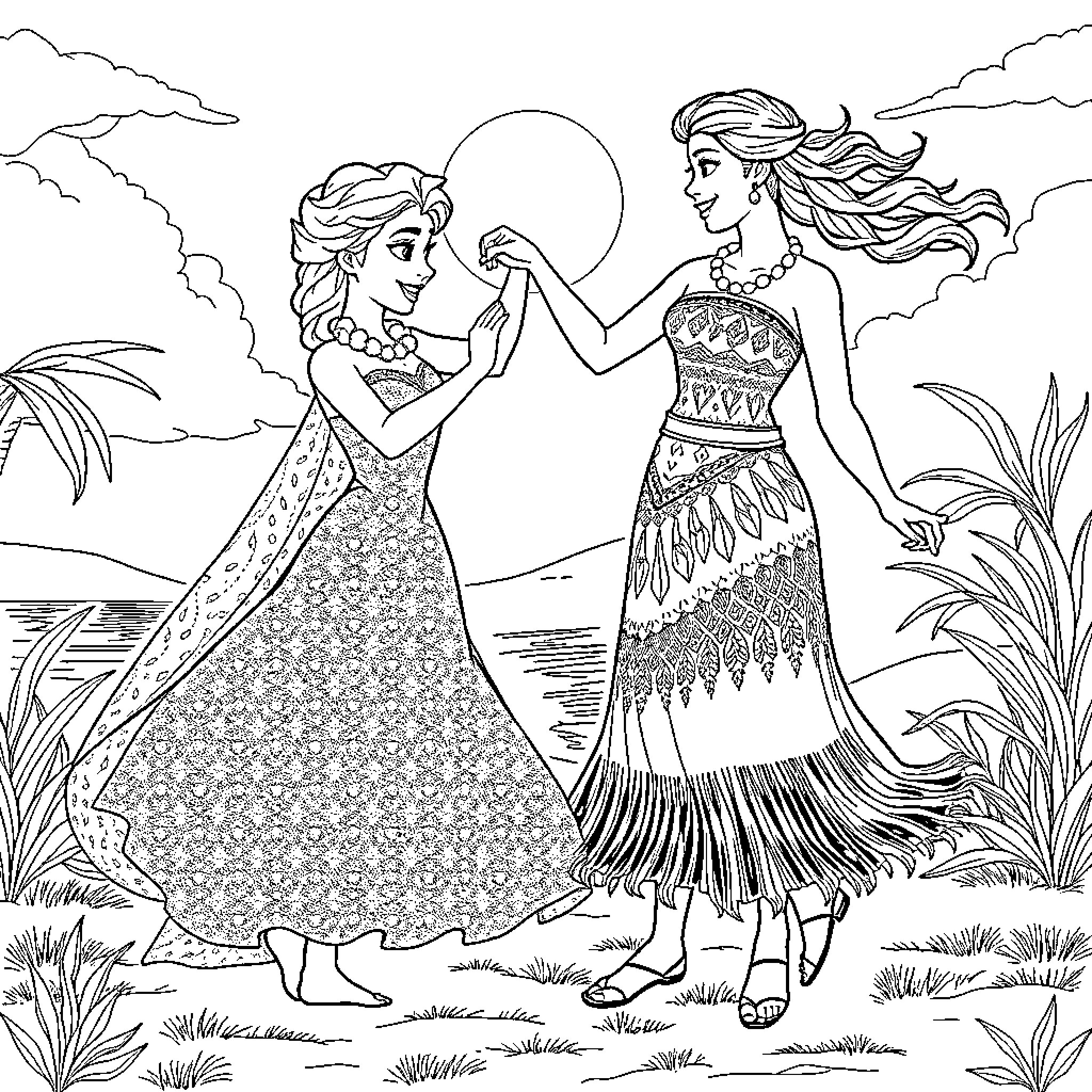 Elsa and Moana dancing together in a tropical setting Coloring Page (free black-and-white line drawing printable PDF for all, from beginners to advanced learners, including children, teens, adults, and seniors)