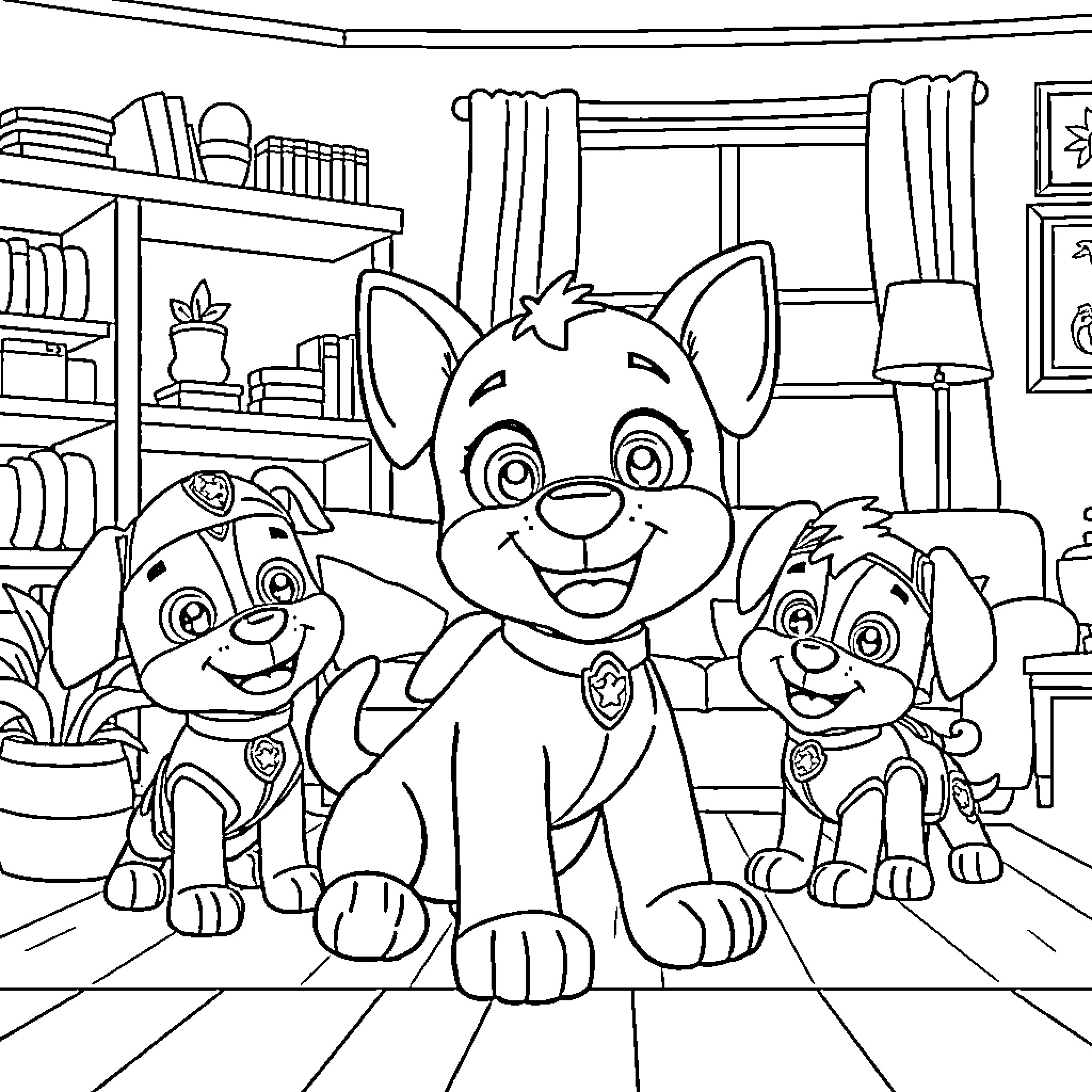 Bluey and Siblings Enjoying Playtime at Home Coloring Page (free black-and-white line drawing printable PDF for all, from beginners to advanced learners, including children, teens, adults, and seniors)