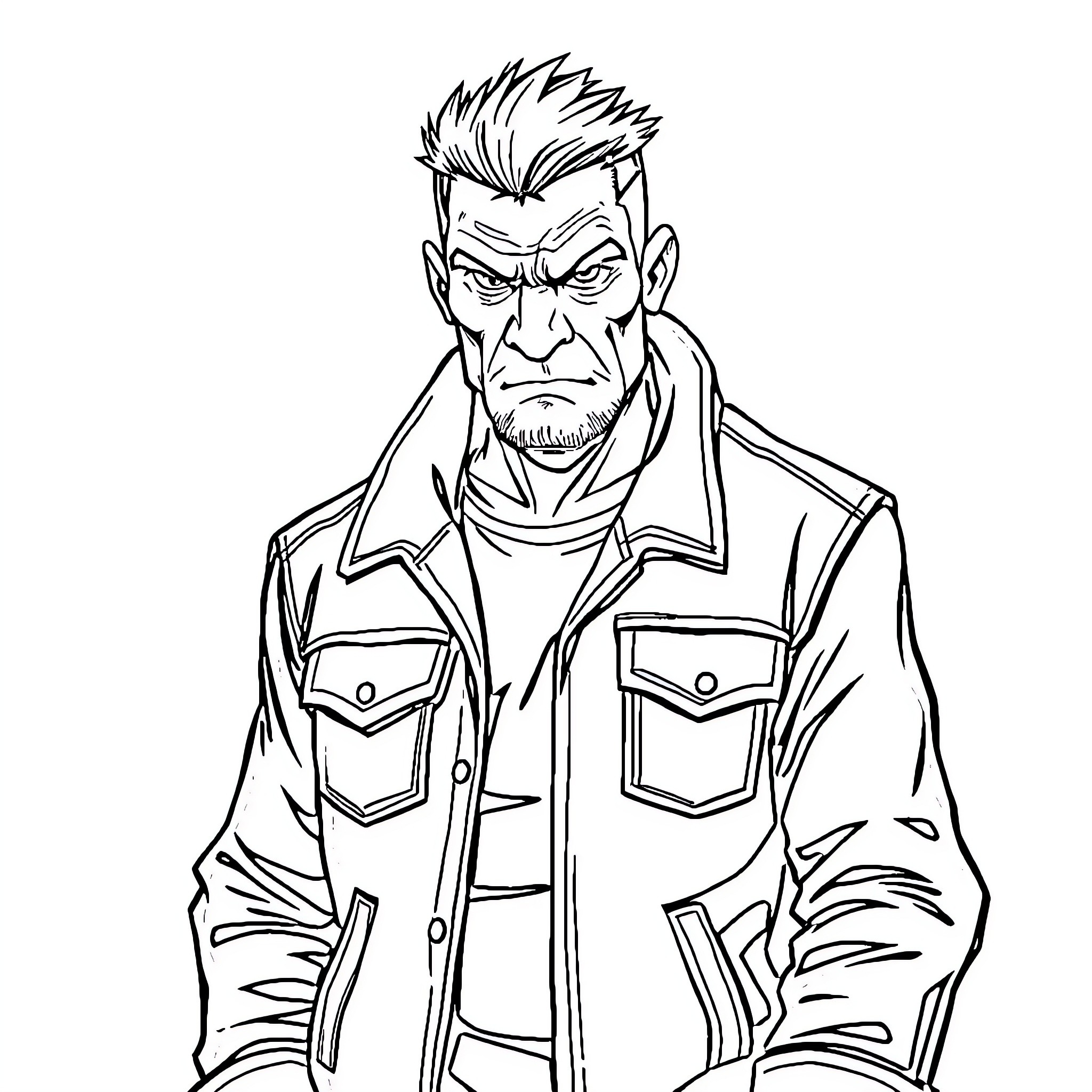 Goon with Intimidating Appearance in Rugged Outfit Coloring Page (free black-and-white line drawing printable PDF for all, from beginners to advanced learners, including children, teens, adults, and seniors)