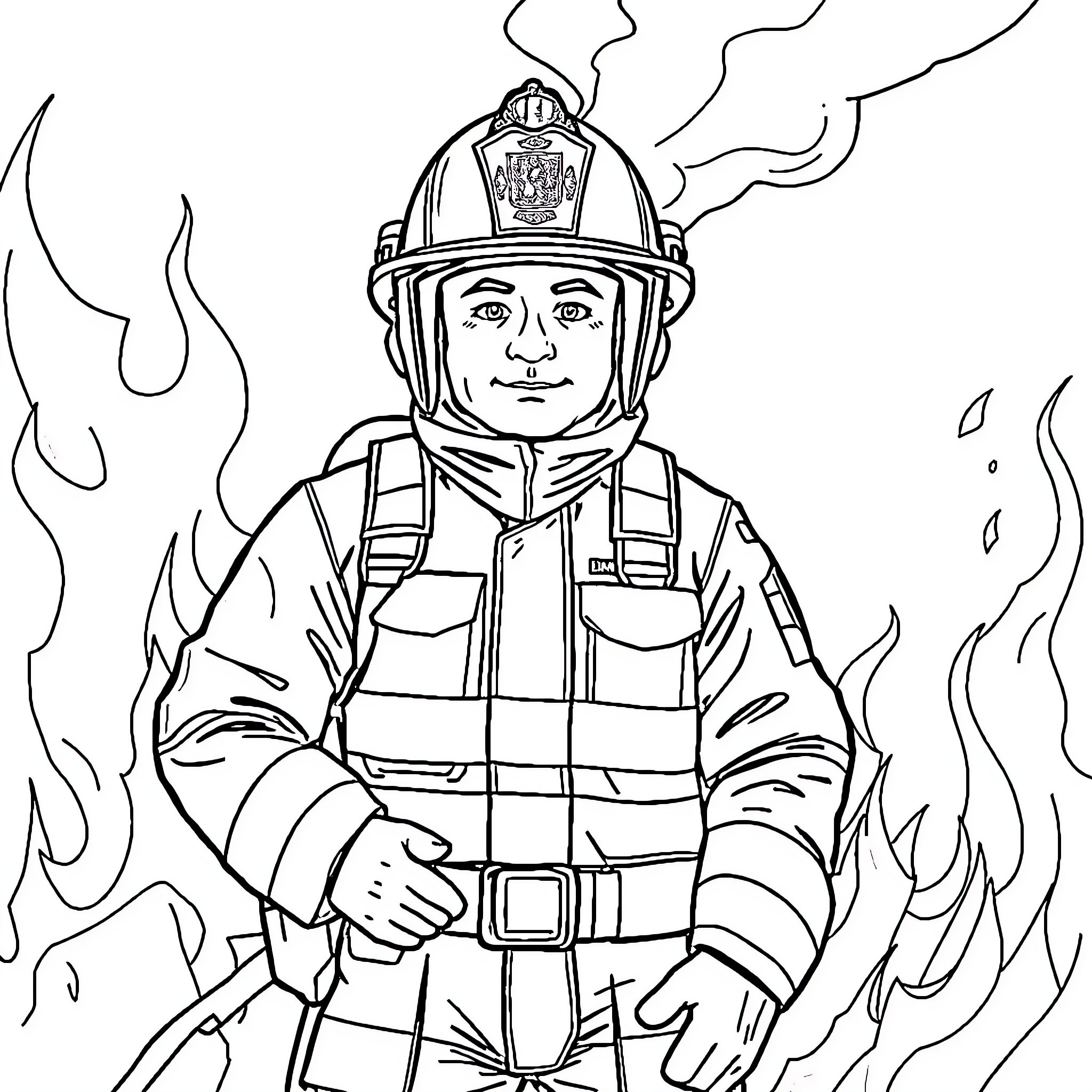 Firefighter bravely facing flames in action Coloring Page (free black-and-white line drawing printable PDF for all, from beginners to advanced learners, including children, teens, adults, and seniors)