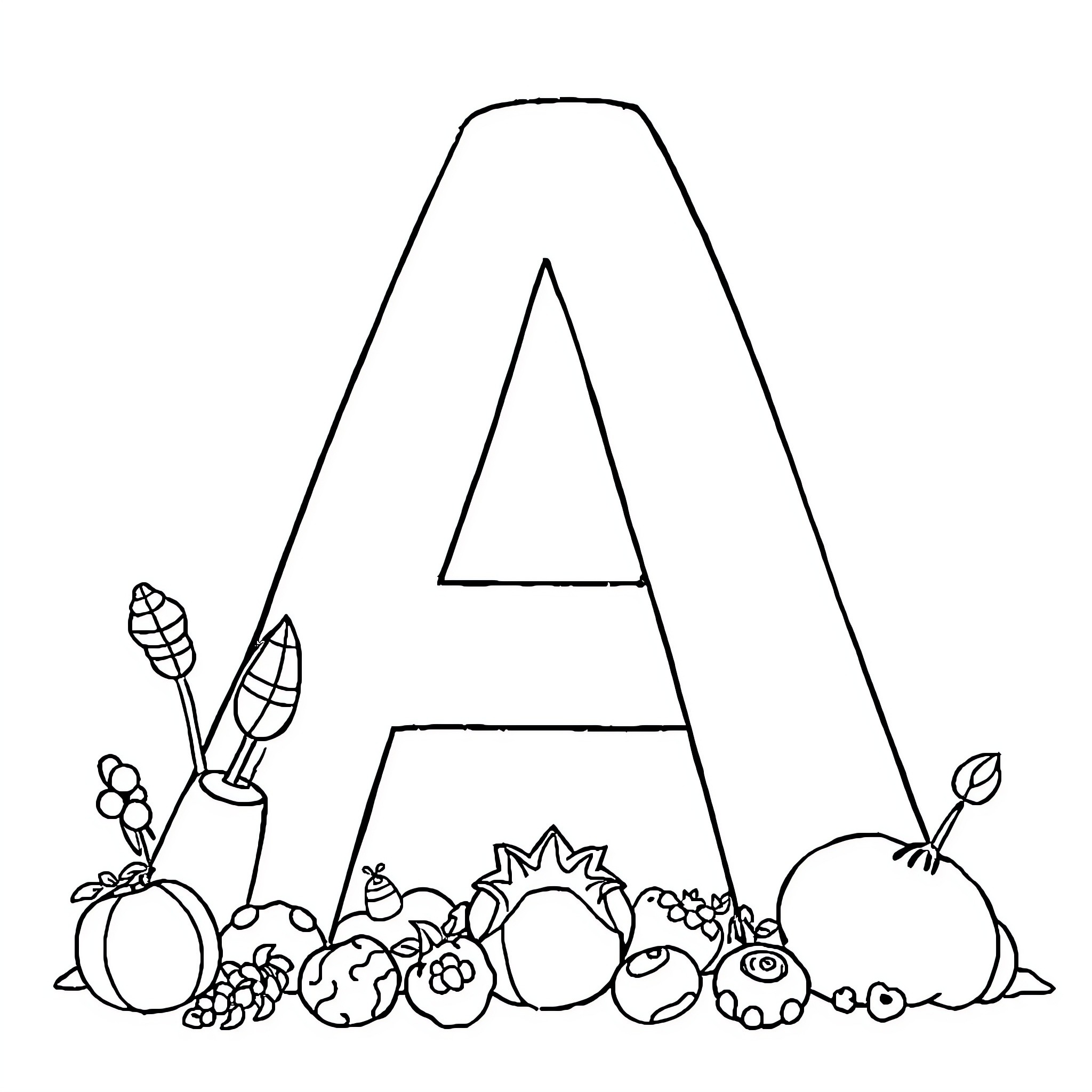 Letter A Surrounded by Assorted Fruits and Vegetables Coloring Page (free black-and-white line drawing printable PDF for all, from beginners to advanced learners, including children, teens, adults, and seniors)