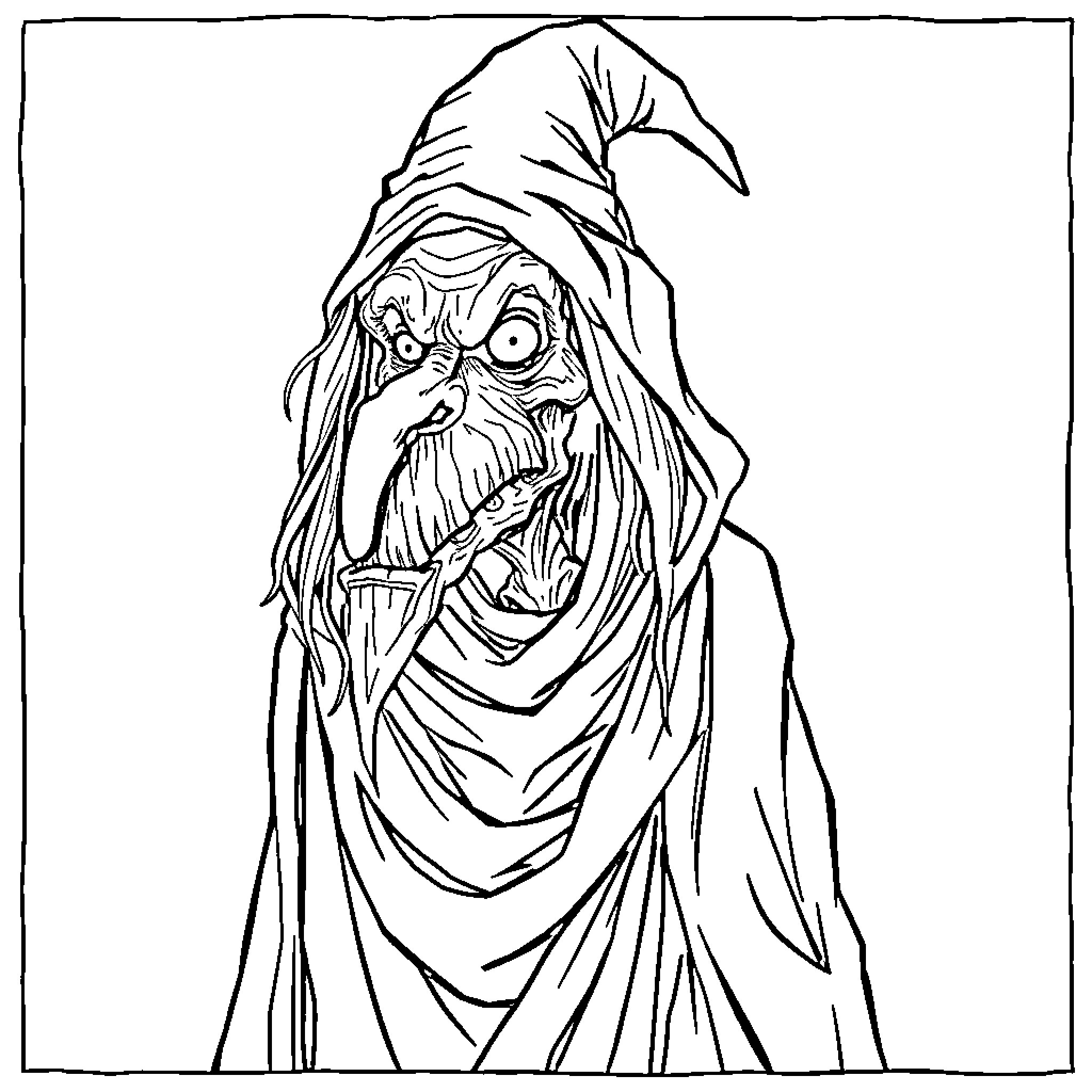 Witch with a Sinister Gaze and Shrouded Appearance Coloring Page (free black-and-white line drawing printable PDF for all, from beginners to advanced learners, including children, teens, adults, and seniors)