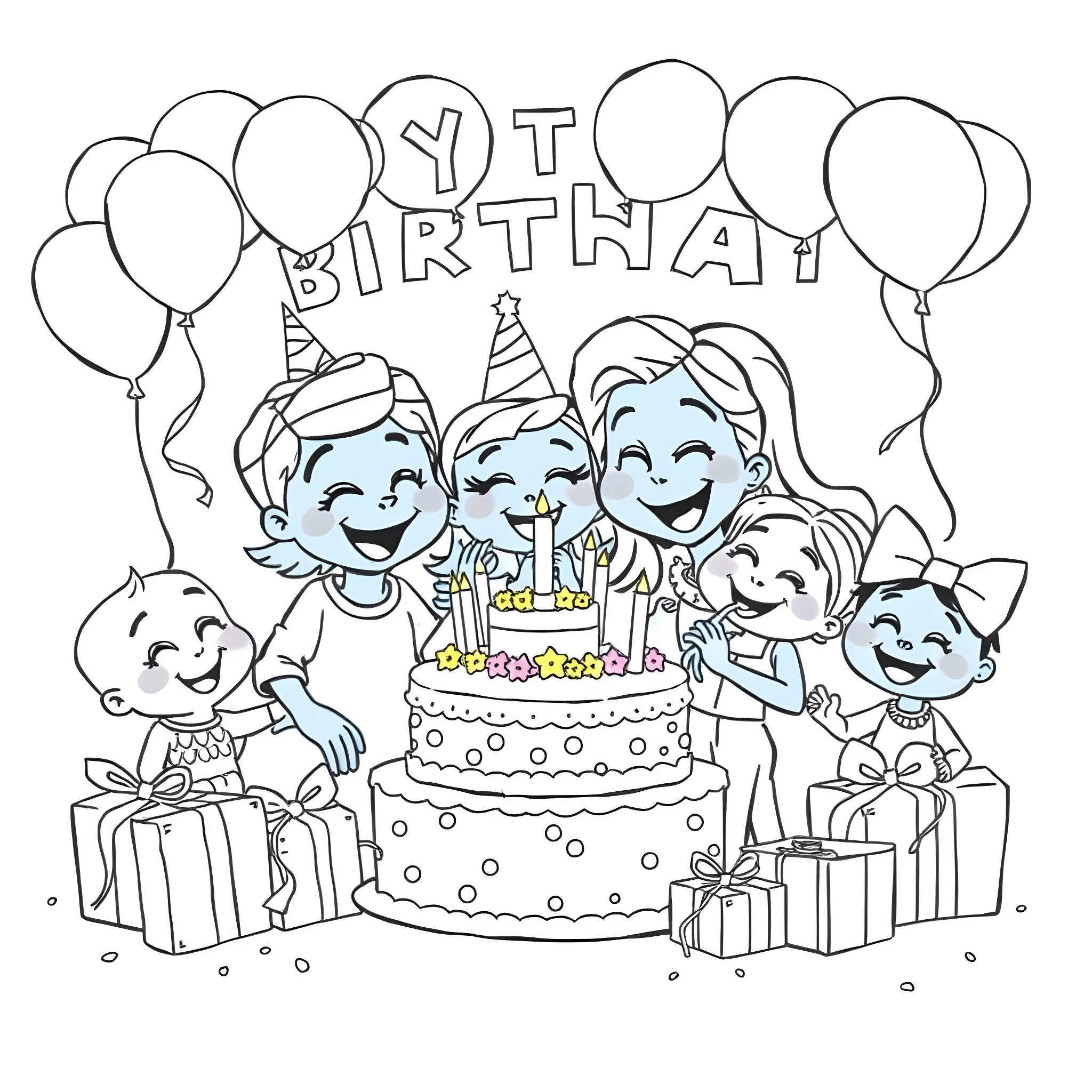 Bluey's Happy Birthday Celebration Coloring Page (free black-and-white line drawing printable PDF for all, from beginners to advanced learners, including children, teens, adults, and seniors)