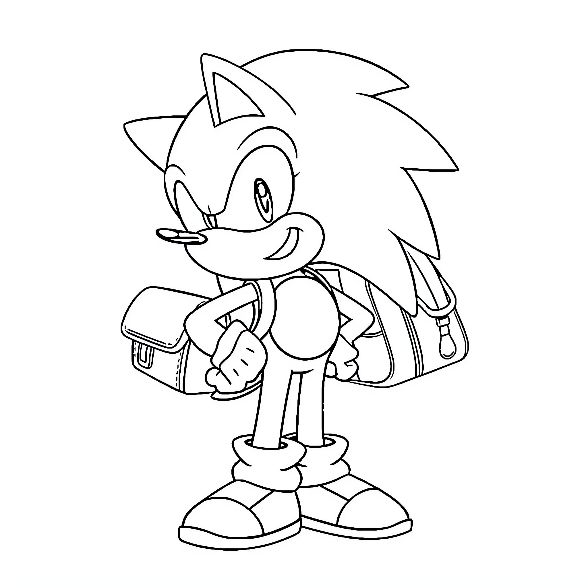 Sonic the Hedgehog Carrying Backpack Coloring Page (free black-and-white line drawing printable PDF for all, from beginners to advanced learners, including children, teens, adults, and seniors)