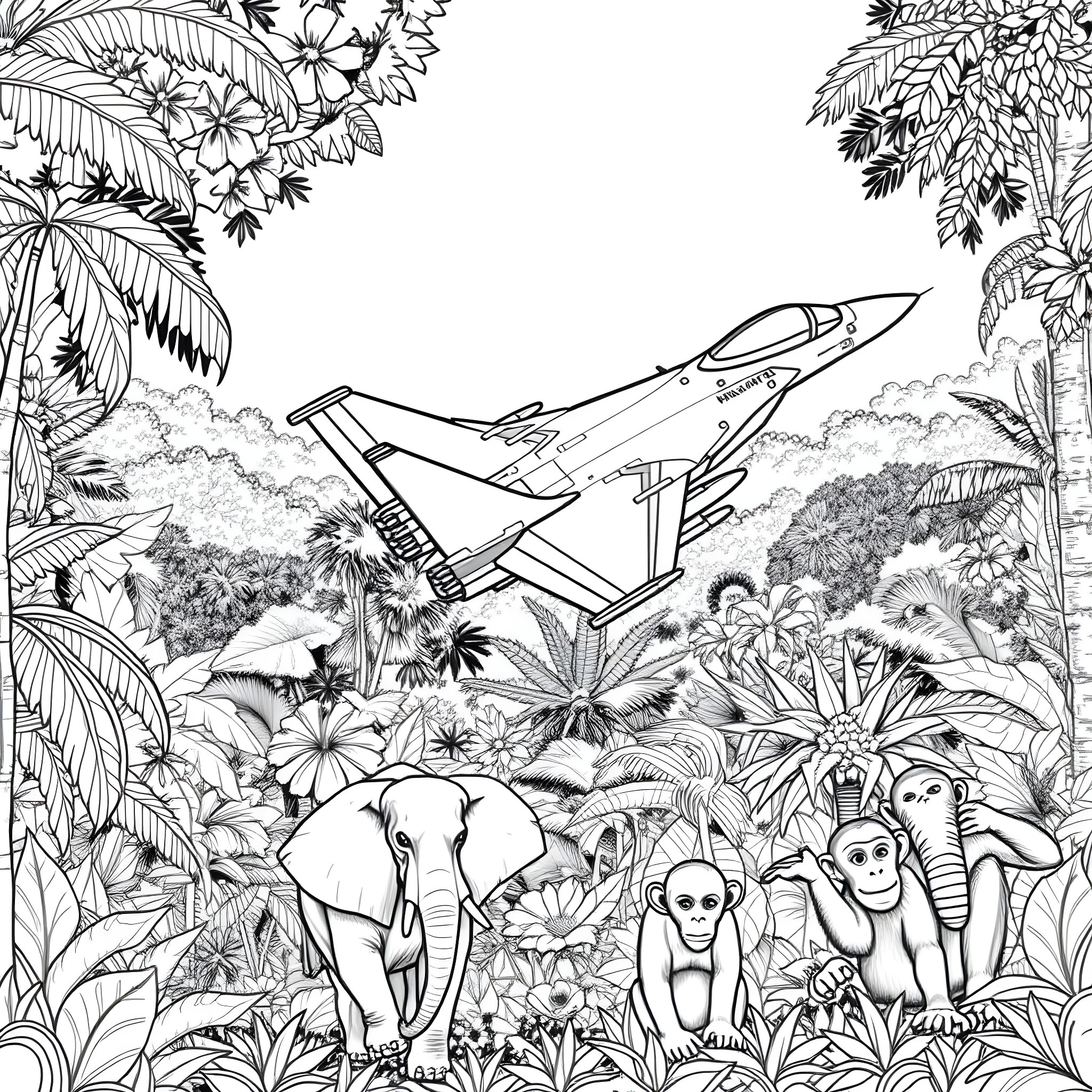 Eagle Soaring Over Tropical Jungle Landscape Coloring Page (free black-and-white line drawing printable PDF for all, from beginners to advanced learners, including children, teens, adults, and seniors)