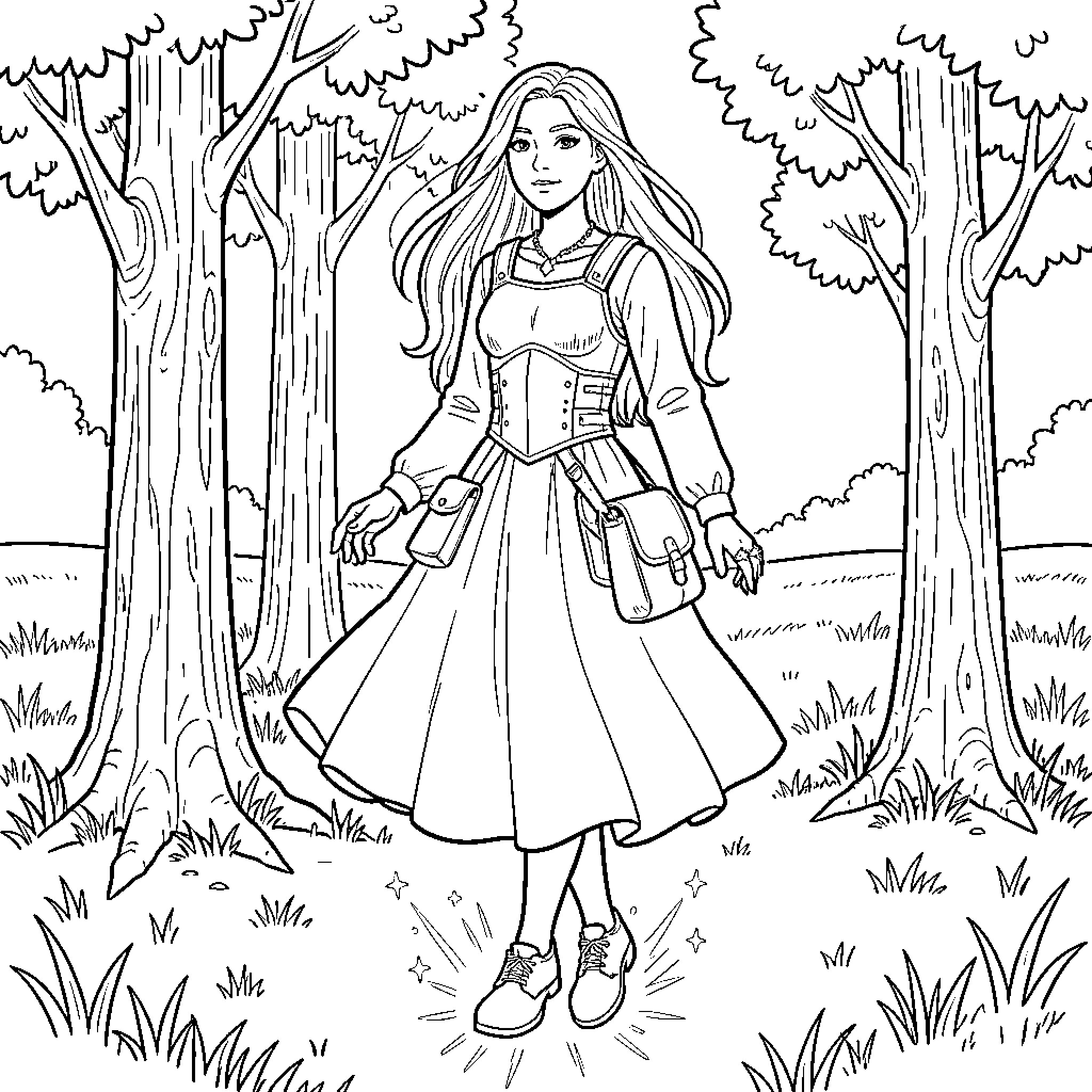 Woman standing gracefully in a peaceful forest setting Coloring Page (free black-and-white line drawing printable PDF for all, from beginners to advanced learners, including children, teens, adults, and seniors)
