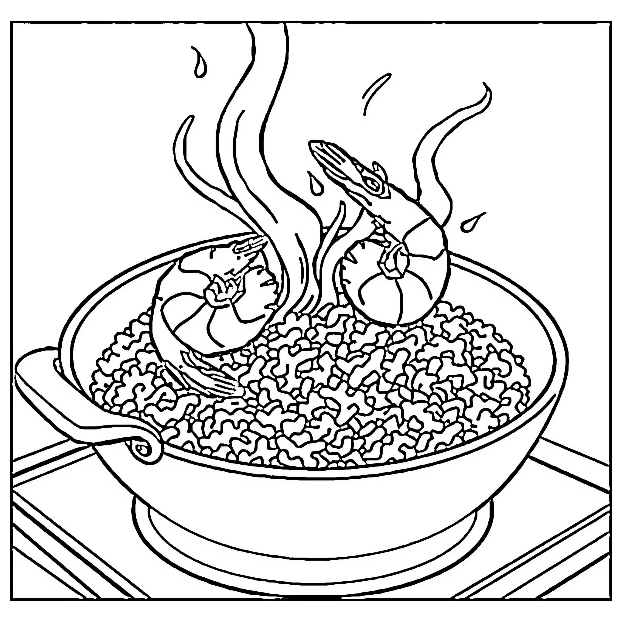 Shrimp sizzling in a bowl with steam Coloring Page (free black-and-white line drawing printable PDF for all, from beginners to advanced learners, including children, teens, adults, and seniors)