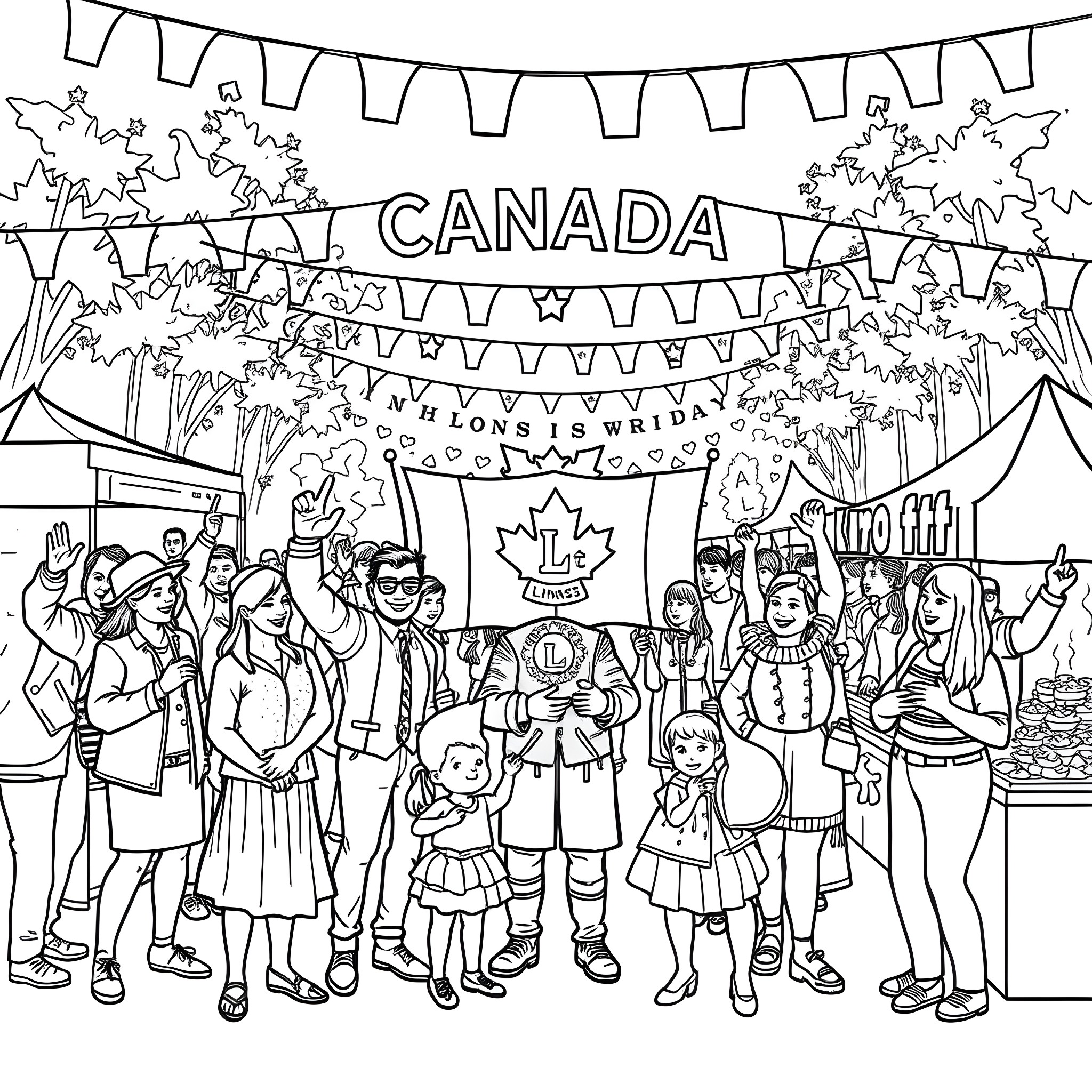 Lion celebrating Canada Day with people Coloring Page (free black-and-white line drawing printable PDF for all, from beginners to advanced learners, including children, teens, adults, and seniors)