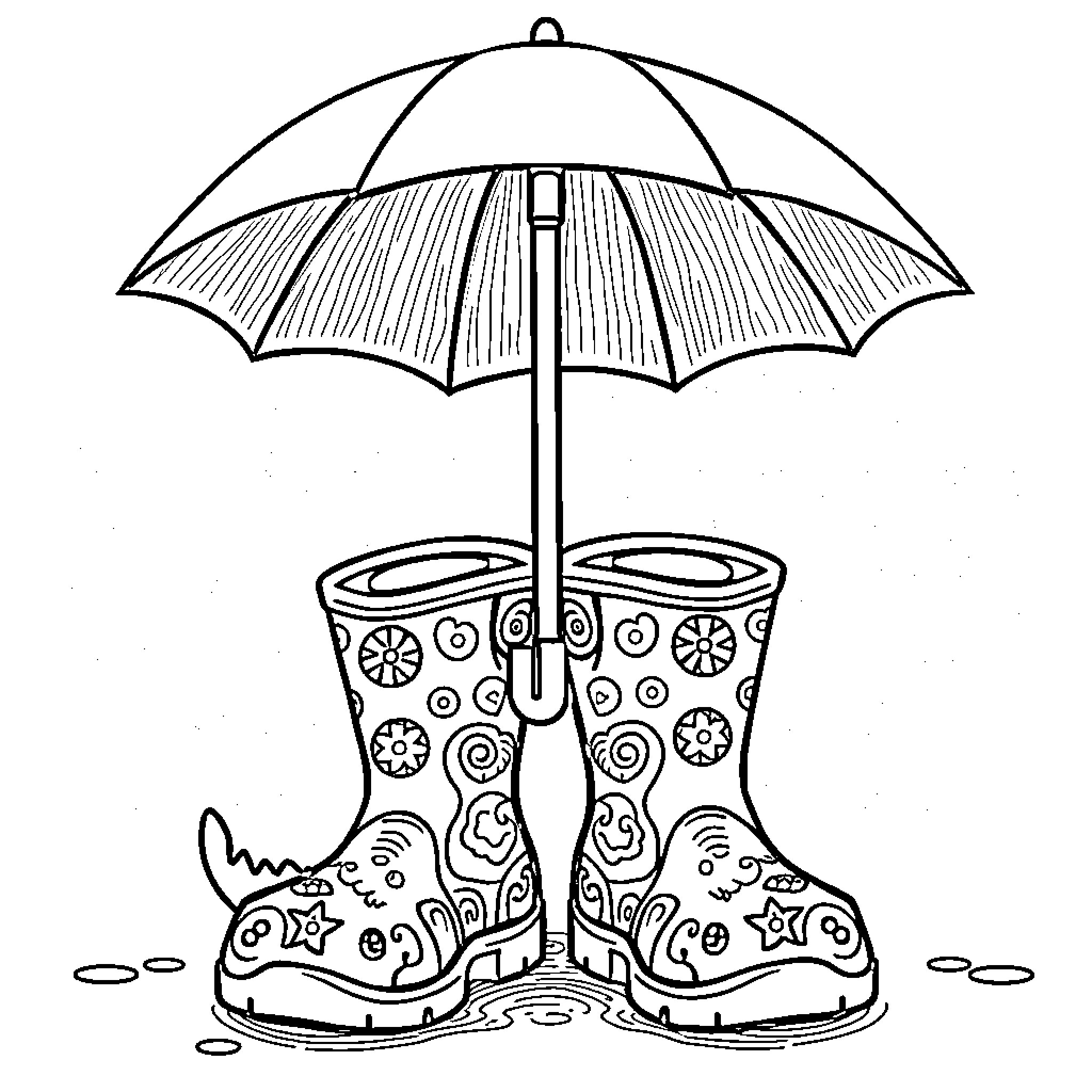 Dinosaur with patterned rain boots and umbrella Coloring Page (free black-and-white line drawing printable PDF for all, from beginners to advanced learners, including children, teens, adults, and seniors)