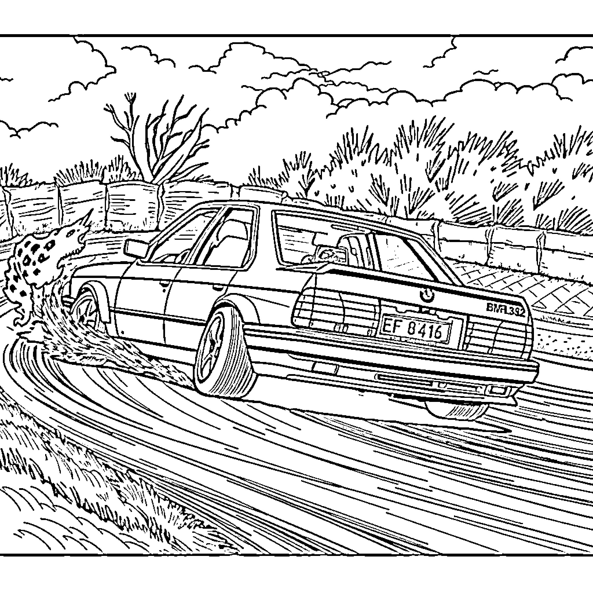 BMW driving through winding road in nature Coloring Page (free black-and-white line drawing printable PDF for all, from beginners to advanced learners, including children, teens, adults, and seniors)