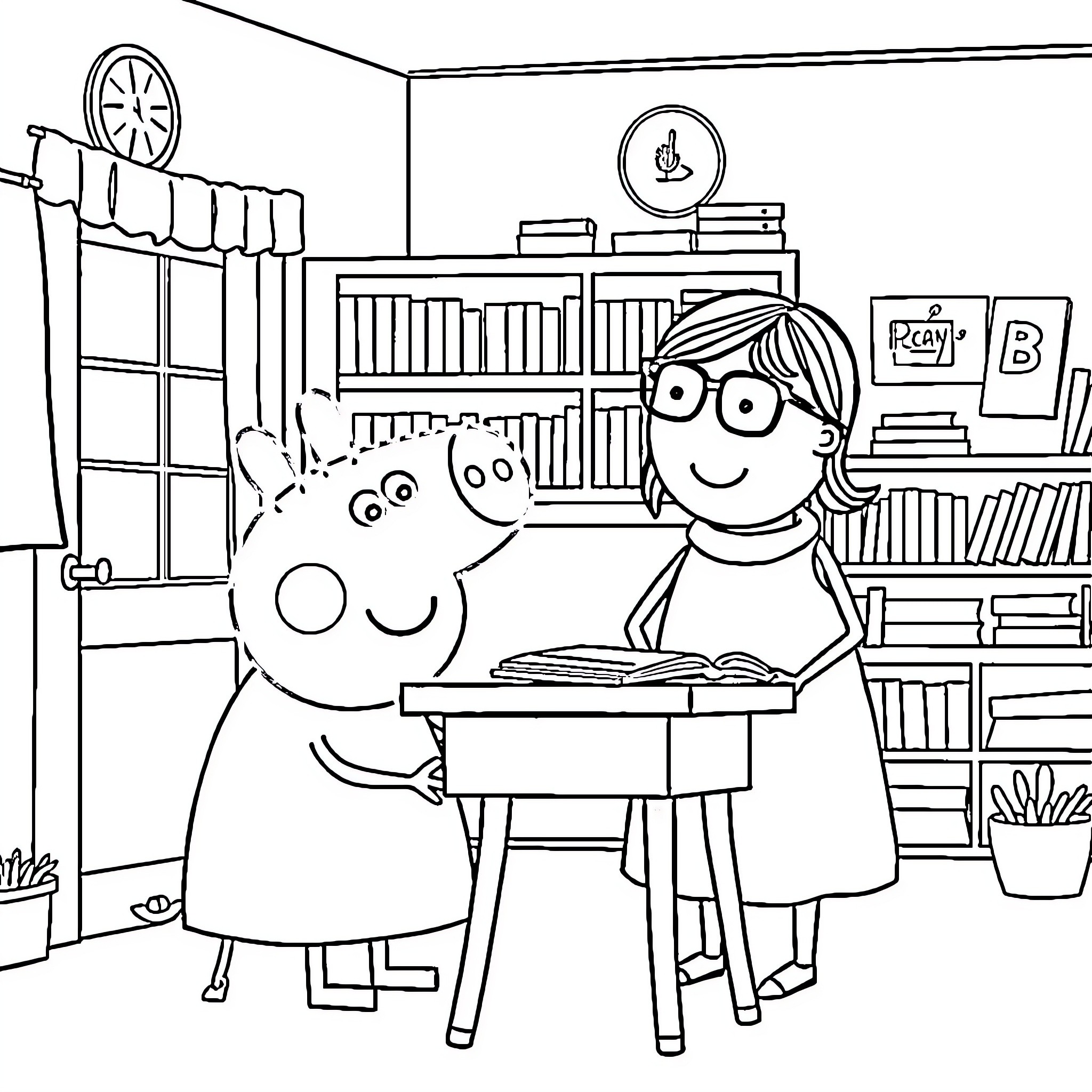 Peppa Pig and friend learning together in classroom Coloring Page (free black-and-white line drawing printable PDF for all, from beginners to advanced learners, including children, teens, adults, and seniors)