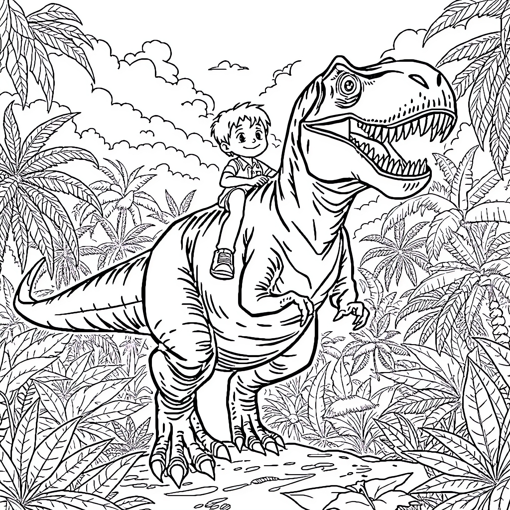 T-Rex Roaming Through Lush Jungle Landscape Coloring Page (free black-and-white line drawing printable PDF for all, from beginners to advanced learners, including children, teens, adults, and seniors)
