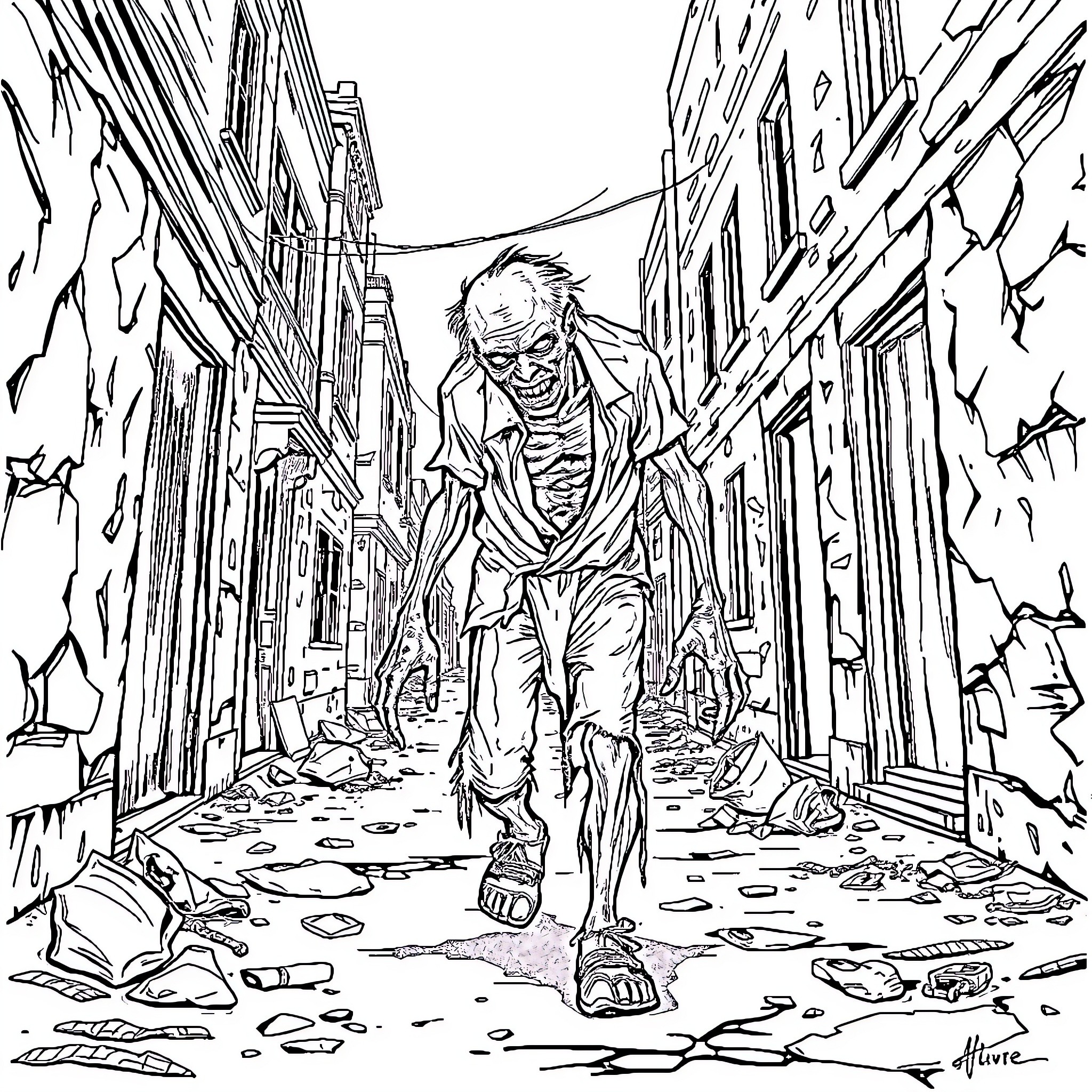 Zombie Roaming Through Desolate City Street Coloring Page (free black-and-white line drawing printable PDF for all, from beginners to advanced learners, including children, teens, adults, and seniors)