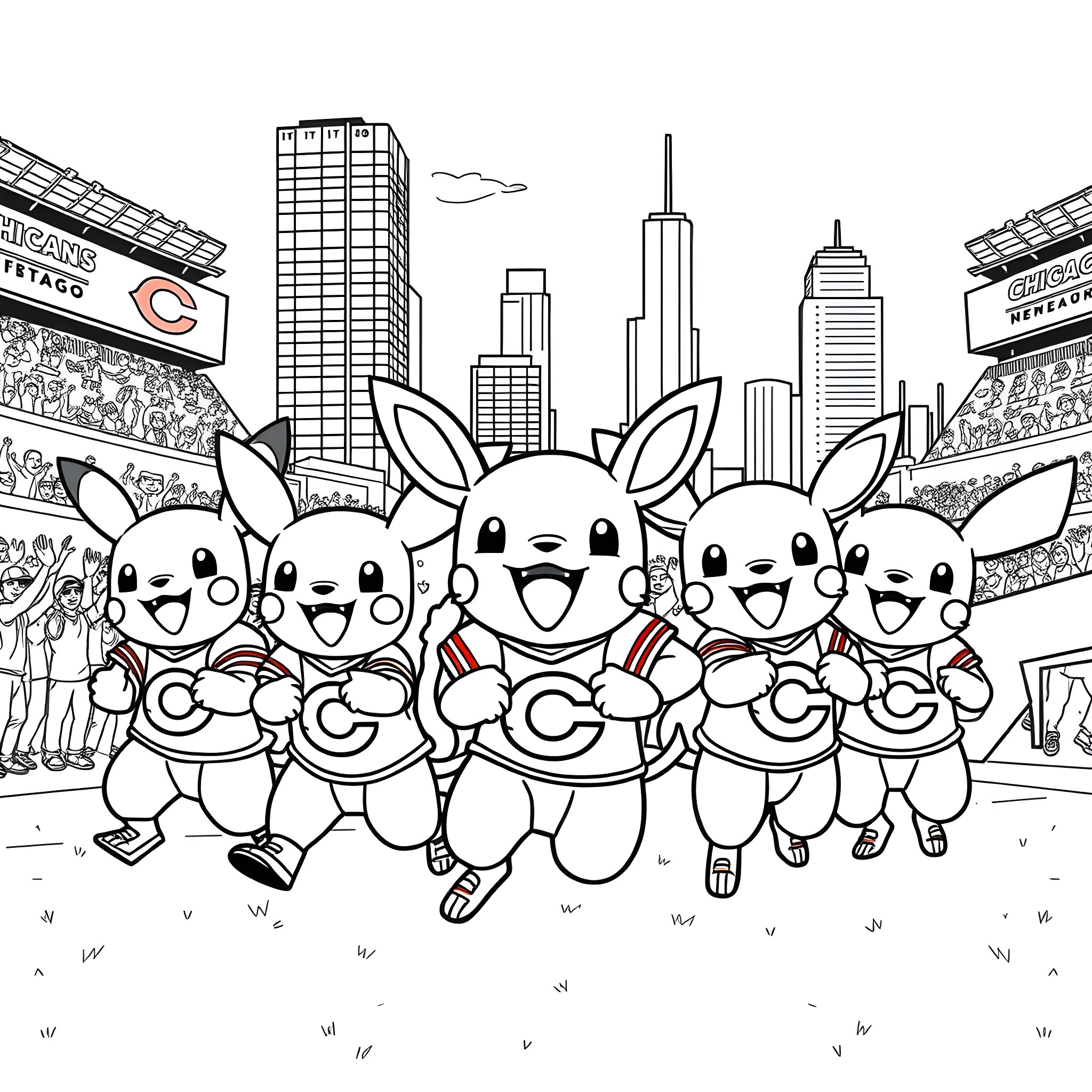 Pokémon characters celebrating in the city Coloring Page (free black-and-white line drawing printable PDF for all, from beginners to advanced learners, including children, teens, adults, and seniors)