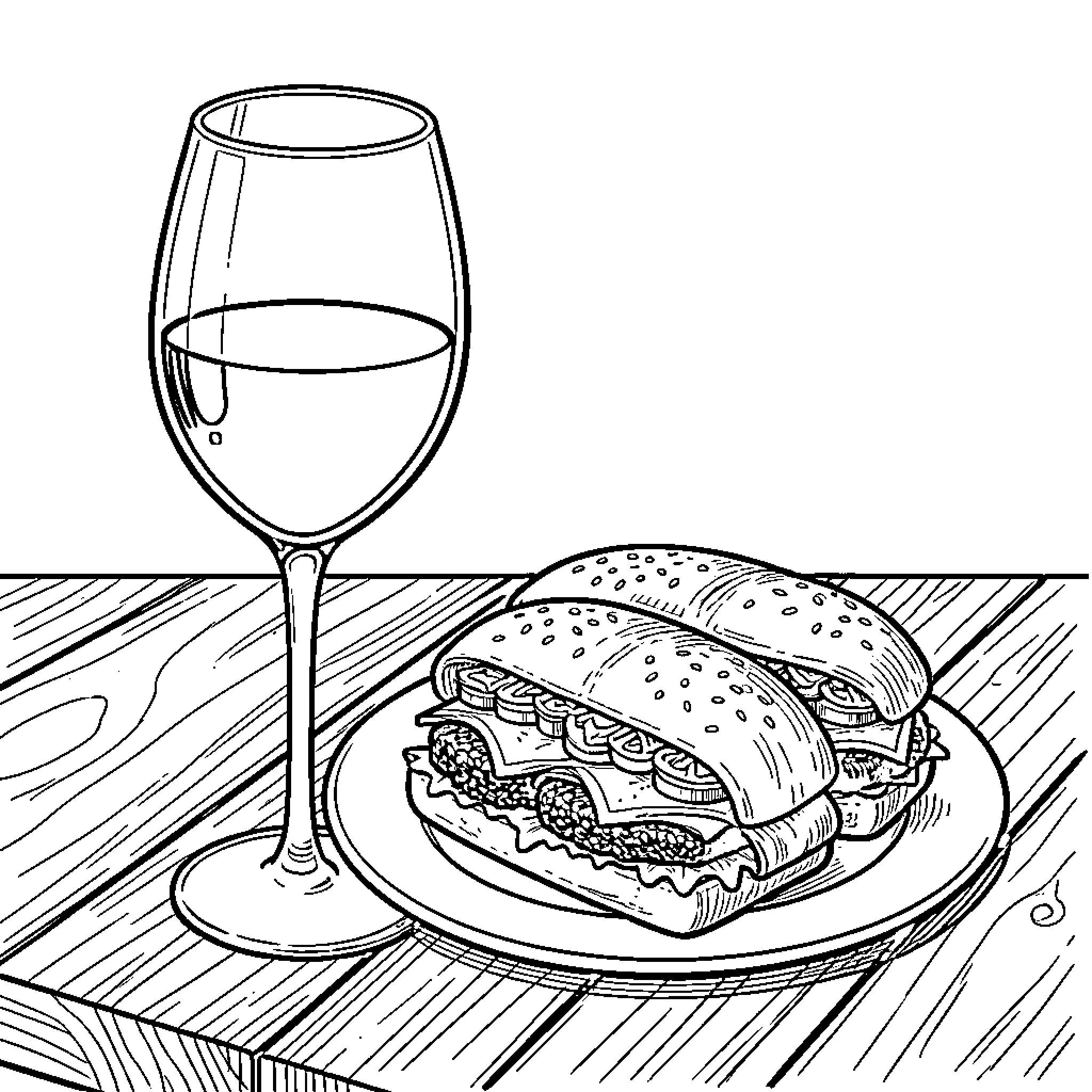 Wine and sandwich on a wooden table Coloring Page (free black-and-white line drawing printable PDF for all, from beginners to advanced learners, including children, teens, adults, and seniors)