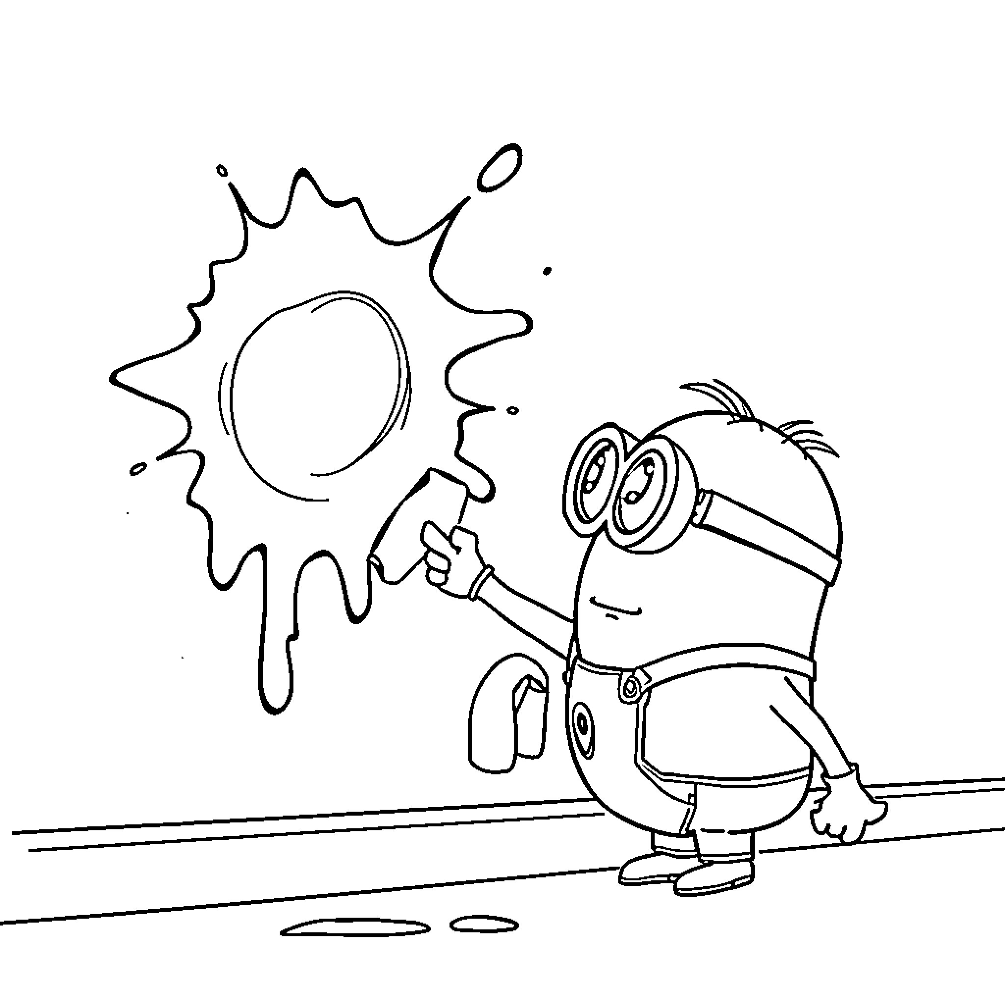 Minion Splashing in Puddle with Joy Coloring Page (free black-and-white line drawing printable PDF for all, from beginners to advanced learners, including children, teens, adults, and seniors)