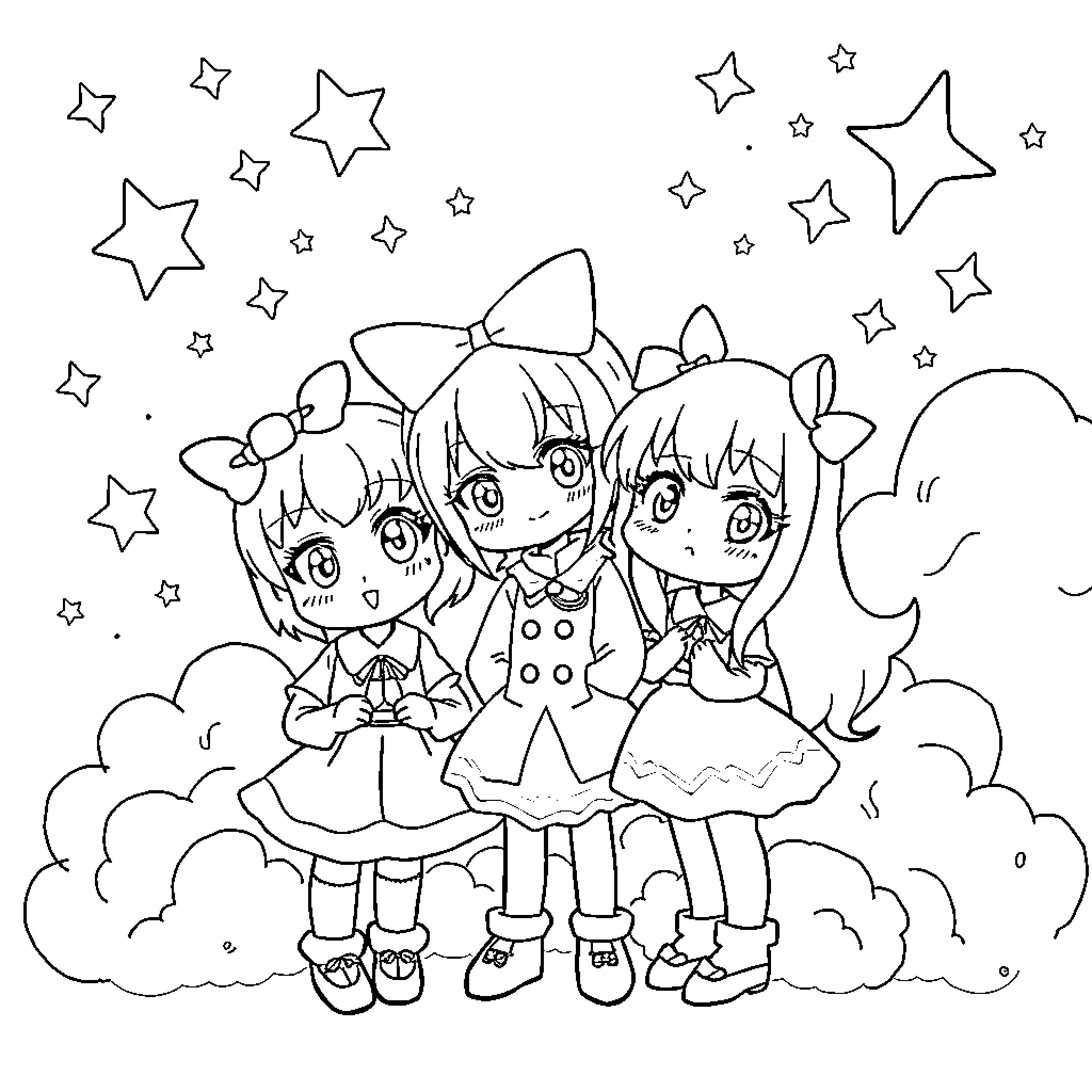 Twin Stars Gazing at Starry Sky in Whimsical Outfits Coloring Page (free black-and-white line drawing printable PDF for all, from beginners to advanced learners, including children, teens, adults, and seniors)